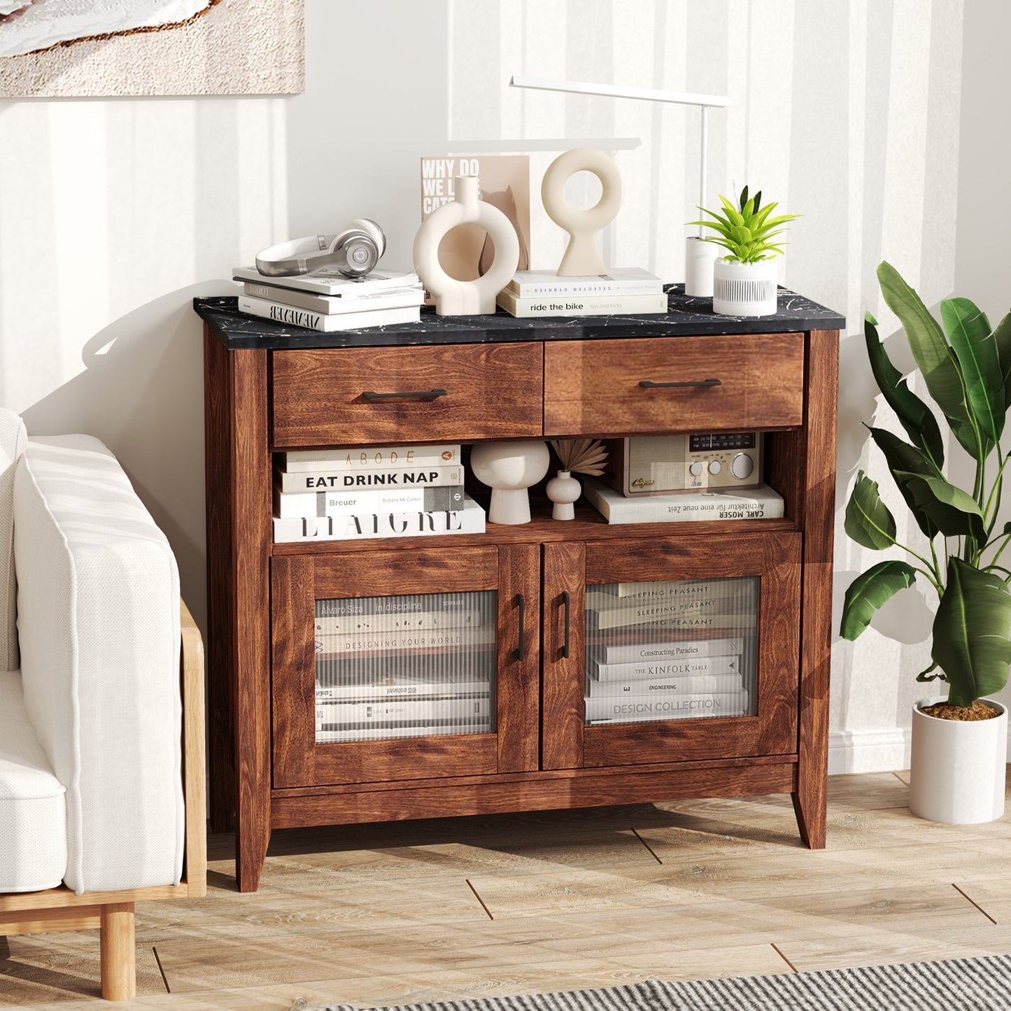 Modern Coffee Bar Cabinet with Two Spacious Drawers and Open Storage Compartment