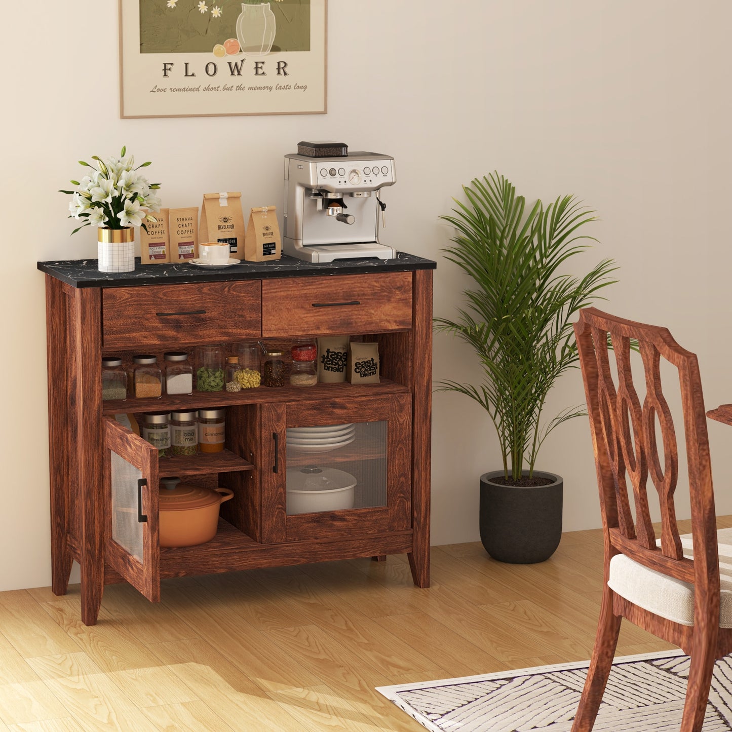 Modern Coffee Bar Cabinet with Two Spacious Drawers and Open Storage Compartment