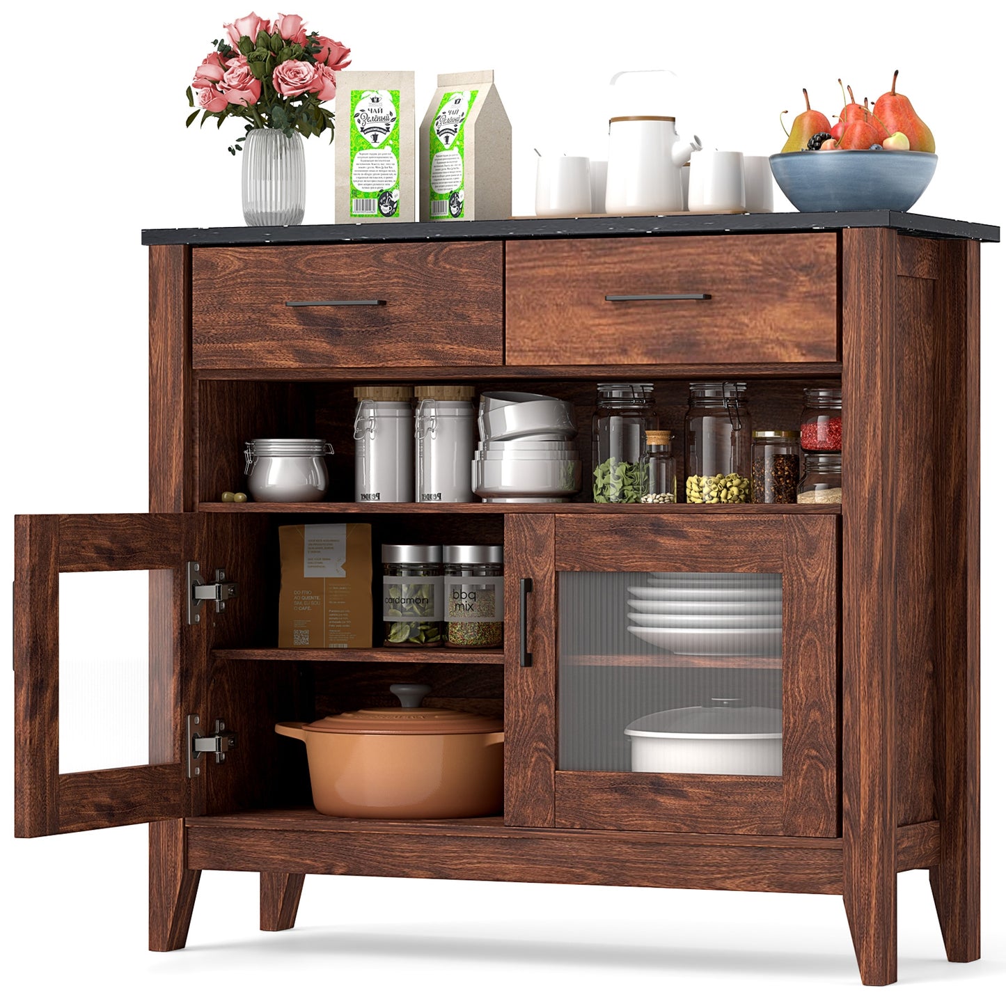 Modern Coffee Bar Cabinet with Two Spacious Drawers and Open Storage Compartment