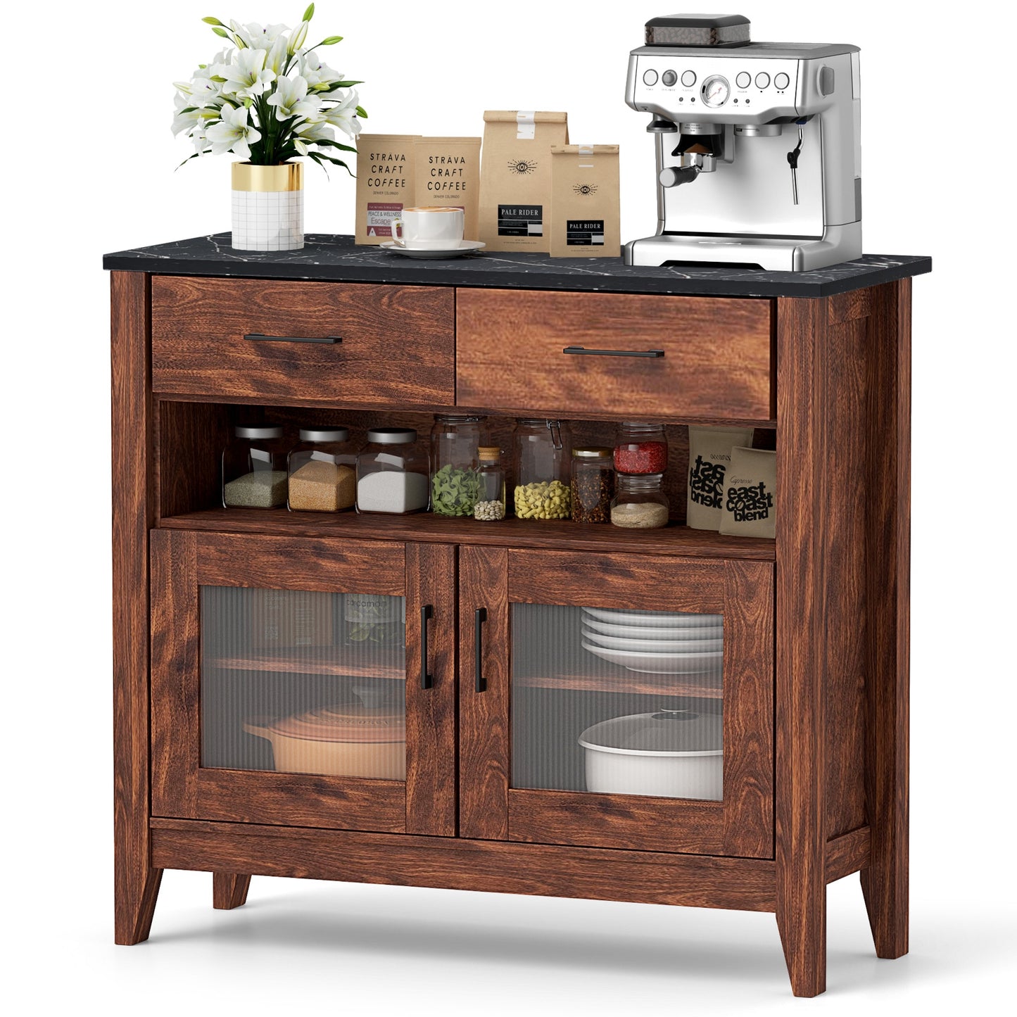 Modern Coffee Bar Cabinet with Two Spacious Drawers and Open Storage Compartment