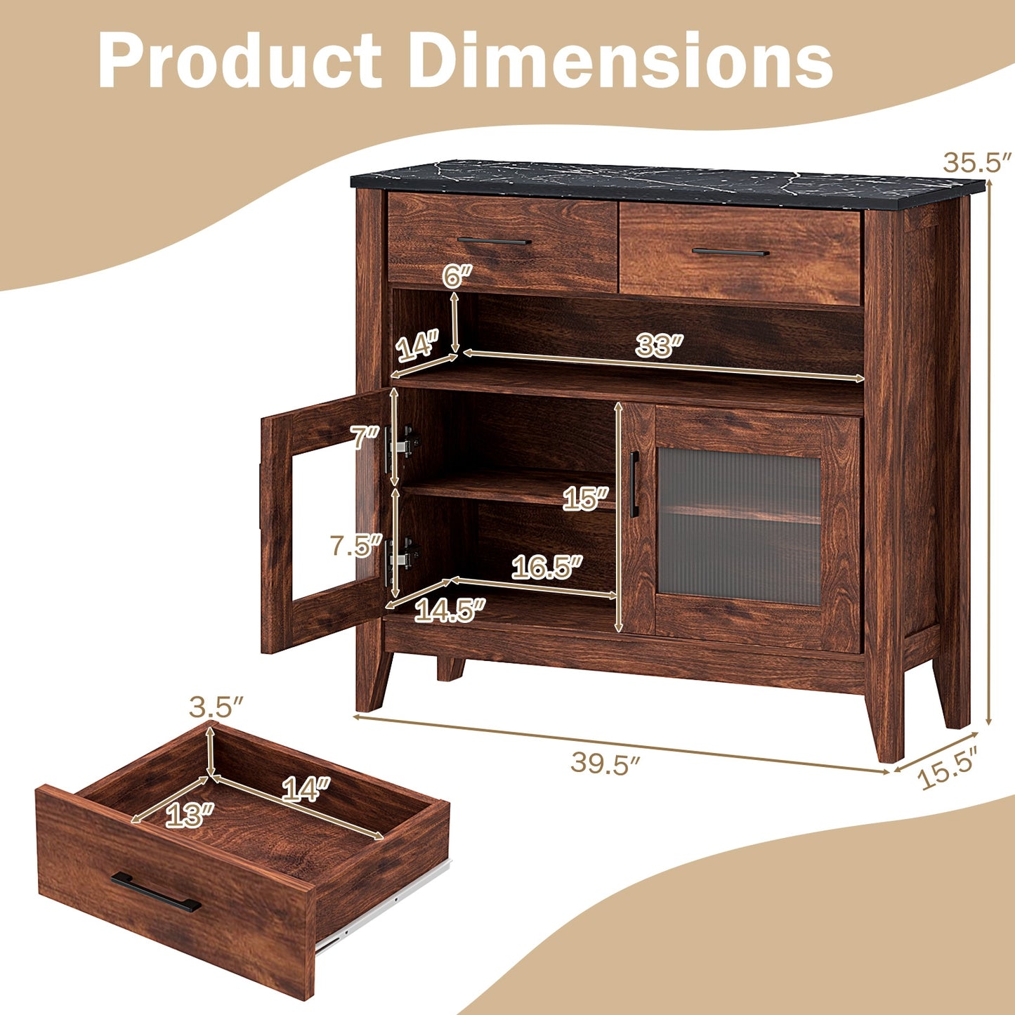 Modern Coffee Bar Cabinet with Two Spacious Drawers and Open Storage Compartment