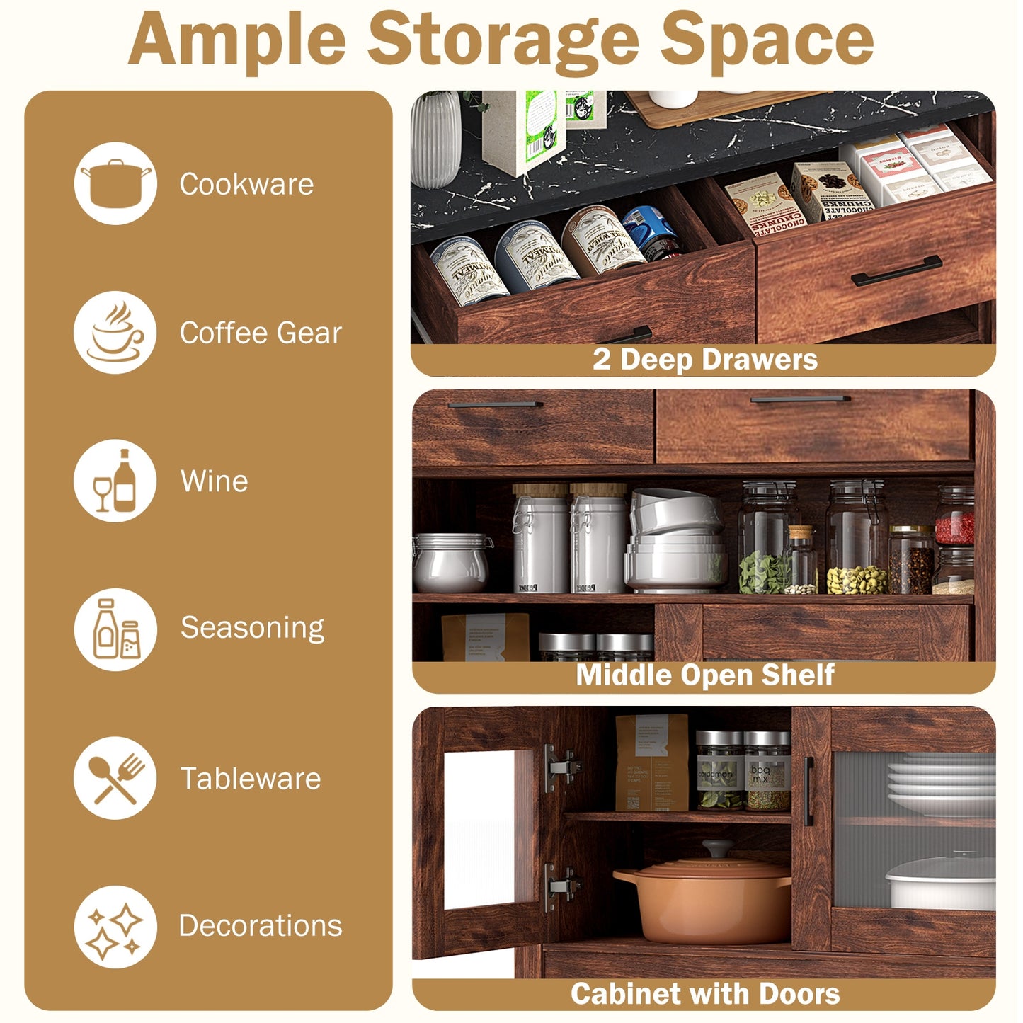 Modern Coffee Bar Cabinet with Two Spacious Drawers and Open Storage Compartment