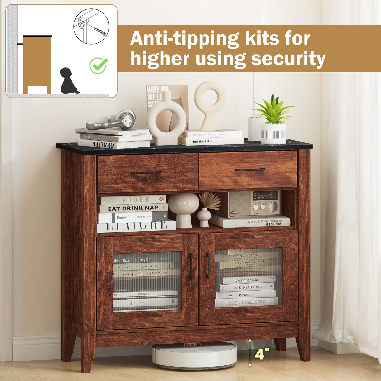 Modern Coffee Bar Cabinet with Two Spacious Drawers and Open Storage Compartment