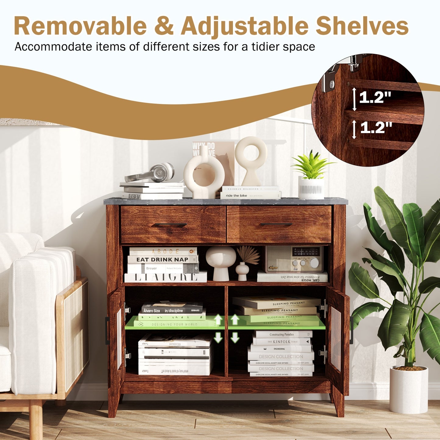 Modern Coffee Bar Cabinet with Two Spacious Drawers and Open Storage Compartment