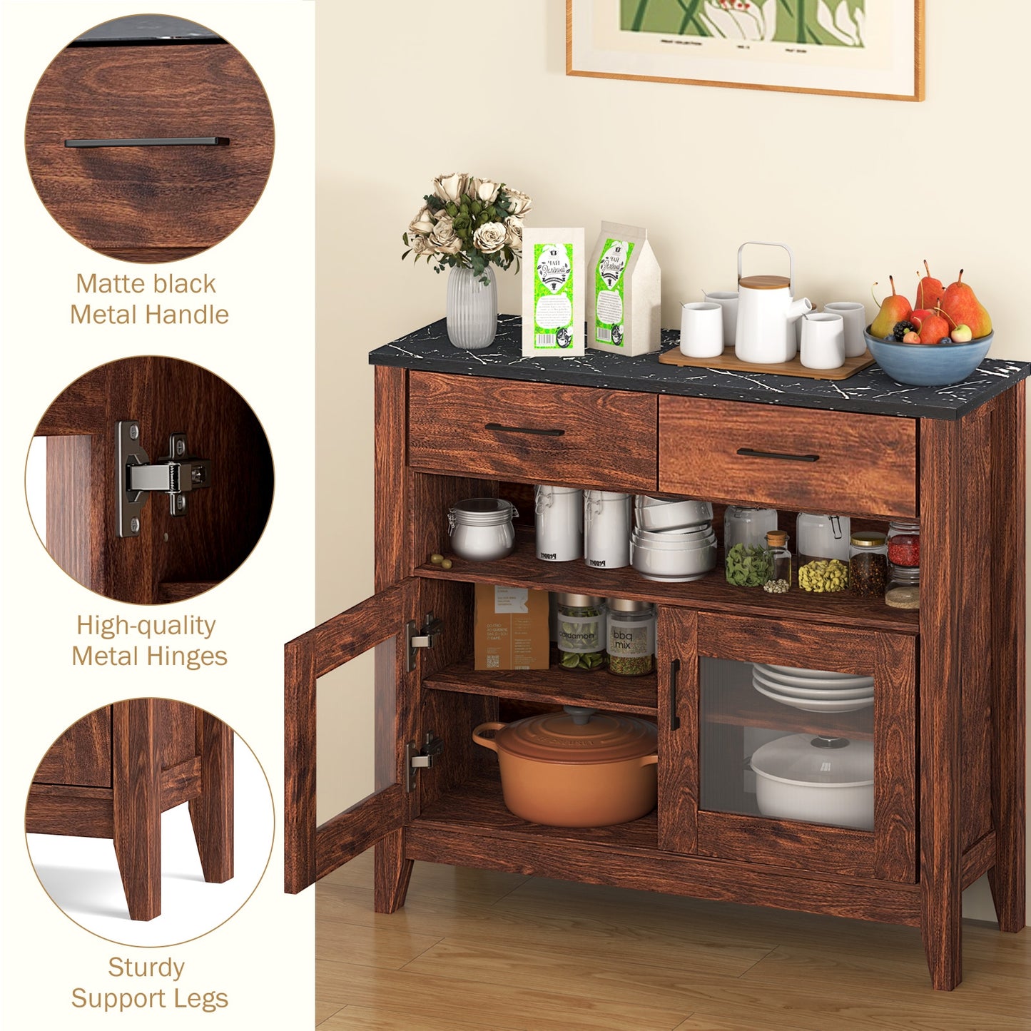 Modern Coffee Bar Cabinet with Two Spacious Drawers and Open Storage Compartment