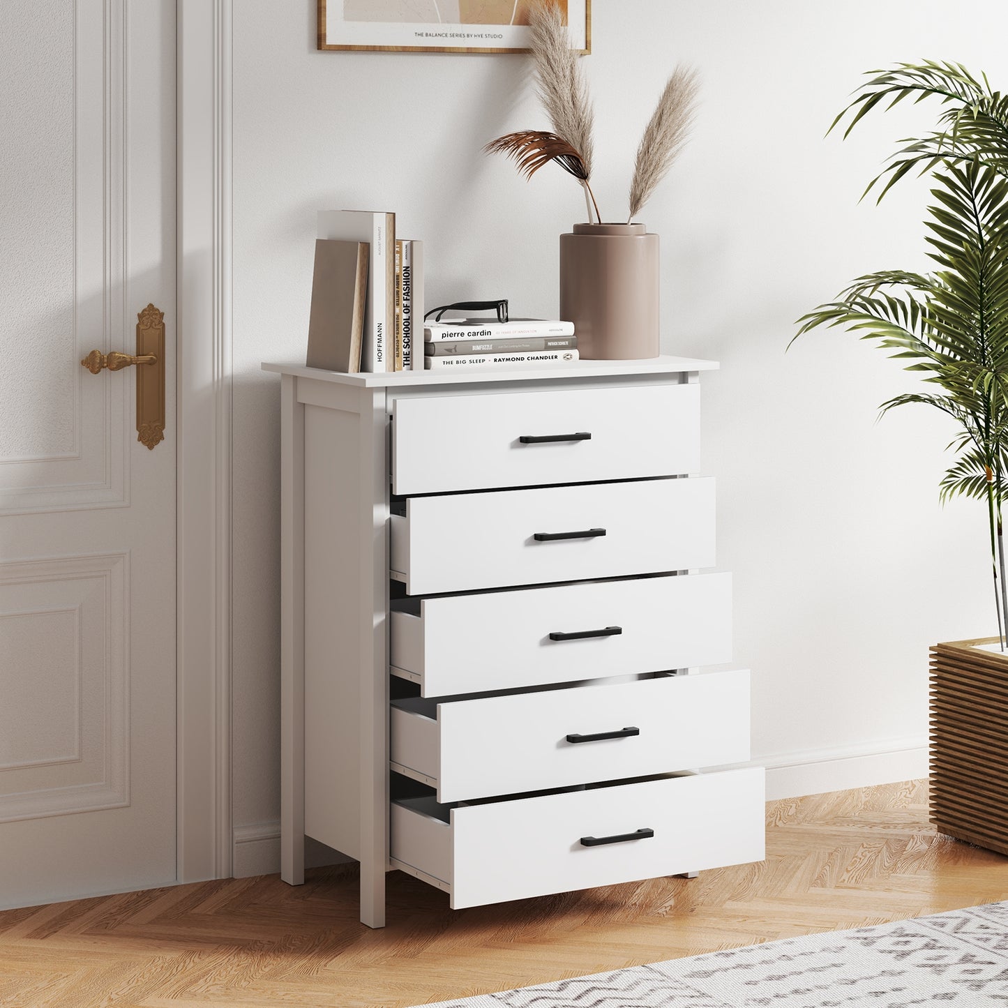 Modern 5 Drawer Dresser with Metal Handles, Storage Chest for Bedroom or Entryway – White Oak