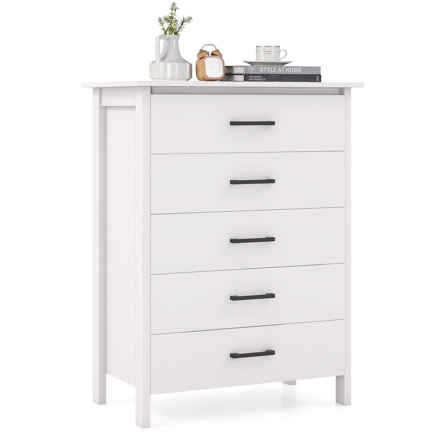 Modern 5 Drawer Dresser with Metal Handles, Storage Chest for Bedroom or Entryway – White Oak