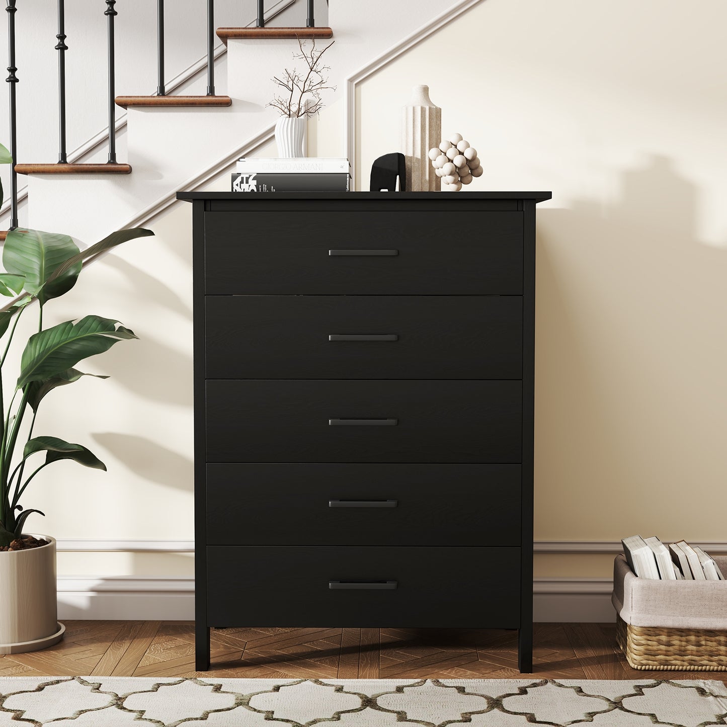 Modern 5 Drawer Dresser with Metal Handles, Storage Chest for Bedroom or Entryway – Black Oak