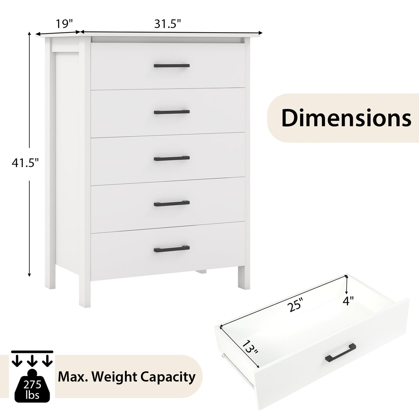 Modern 5 Drawer Dresser with Metal Handles, Storage Chest for Bedroom or Entryway – White Oak