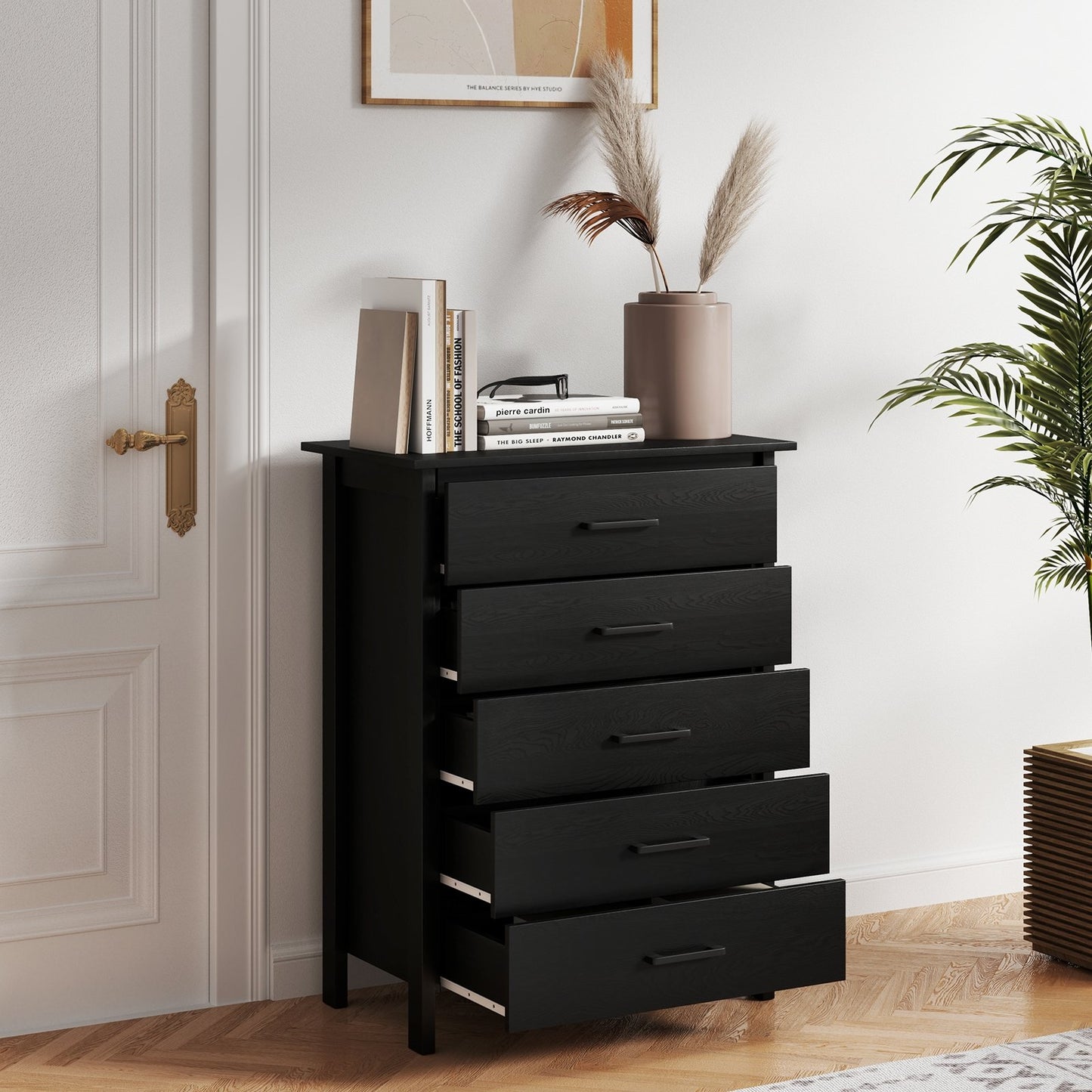 Modern 5 Drawer Dresser with Metal Handles, Storage Chest for Bedroom or Entryway – Black Oak