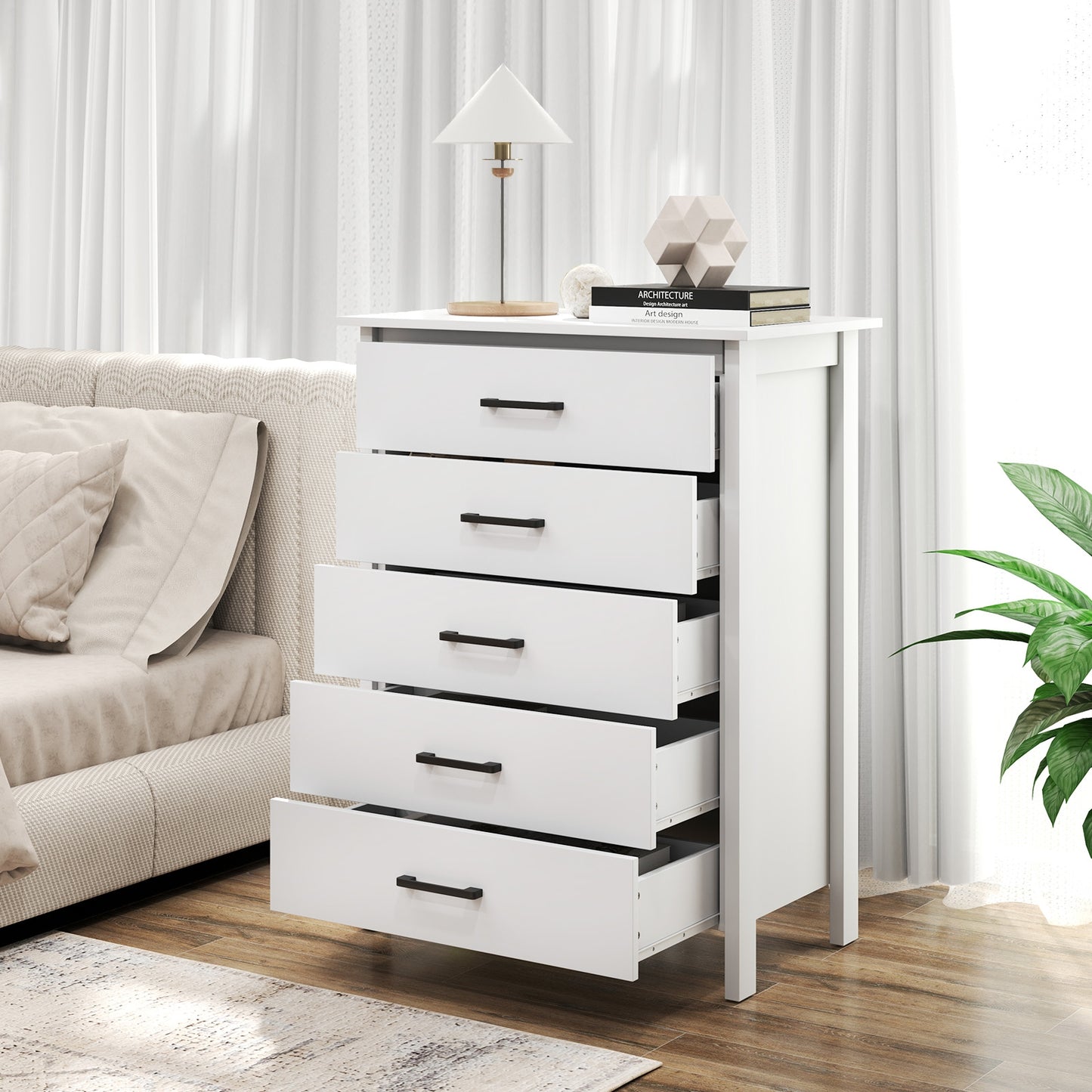 Modern 5 Drawer Dresser with Metal Handles, Storage Chest for Bedroom or Entryway – White Oak