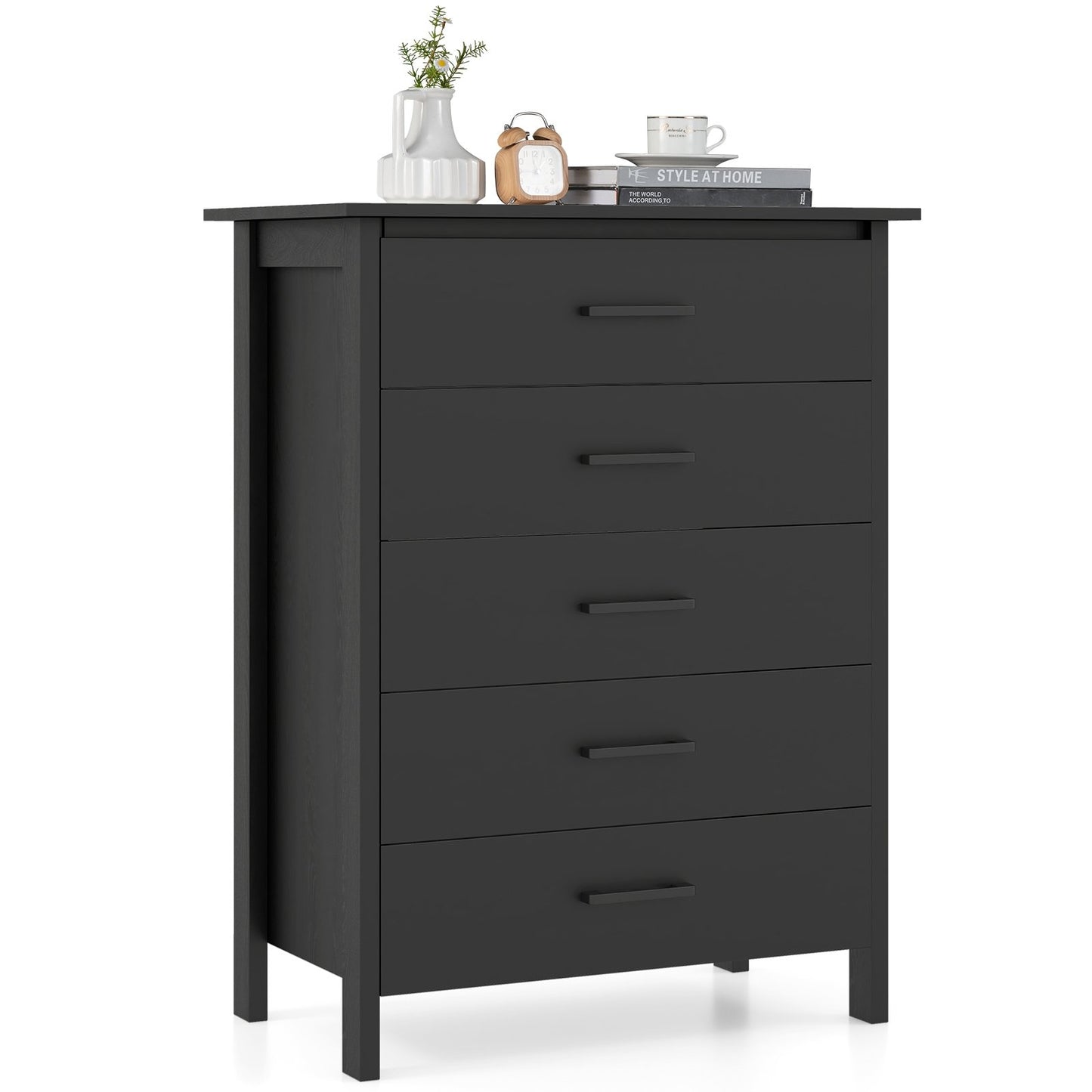 Modern 5 Drawer Dresser with Metal Handles, Storage Chest for Bedroom or Entryway – Black Oak