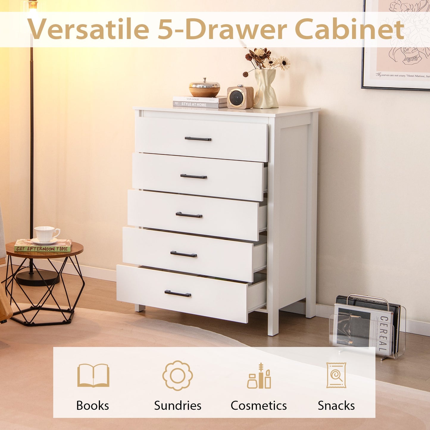 Modern 5 Drawer Dresser with Metal Handles, Storage Chest for Bedroom or Entryway – White Oak