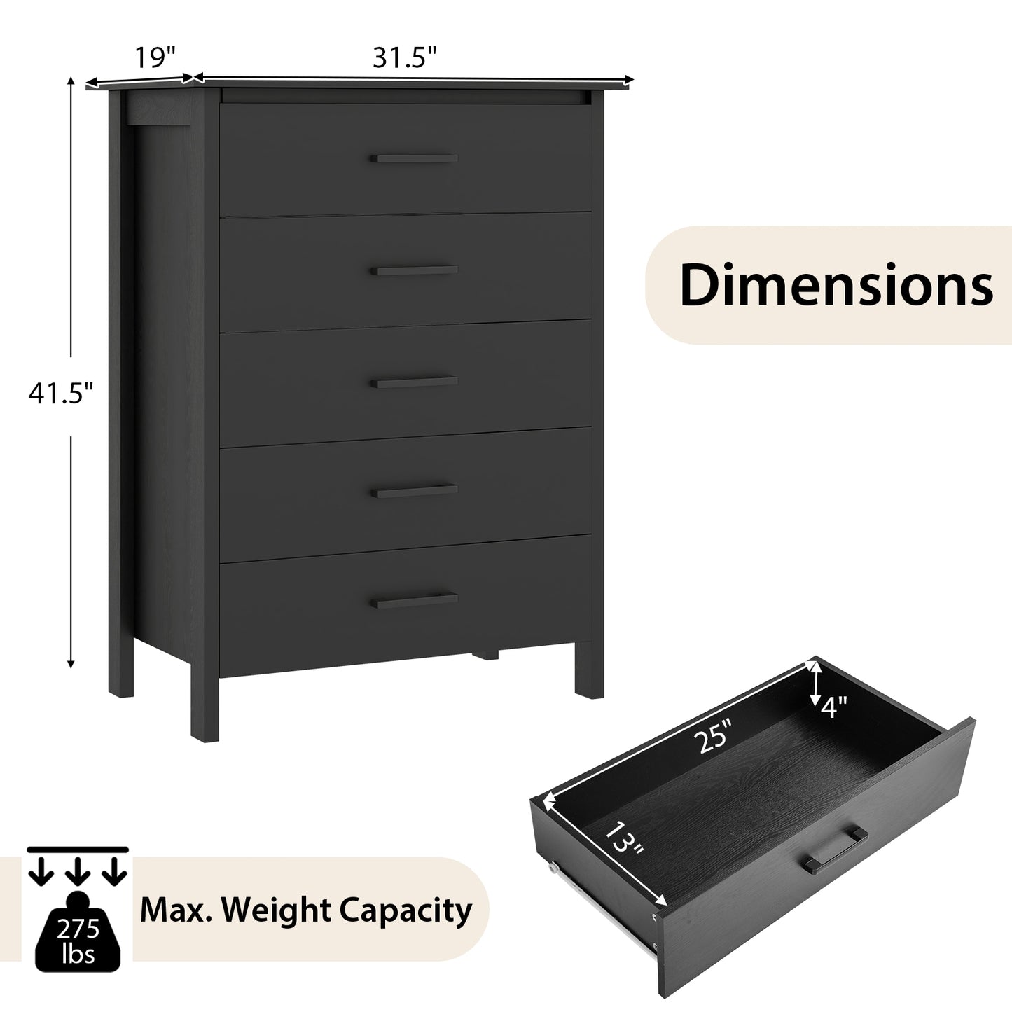 Modern 5 Drawer Dresser with Metal Handles, Storage Chest for Bedroom or Entryway – Black Oak
