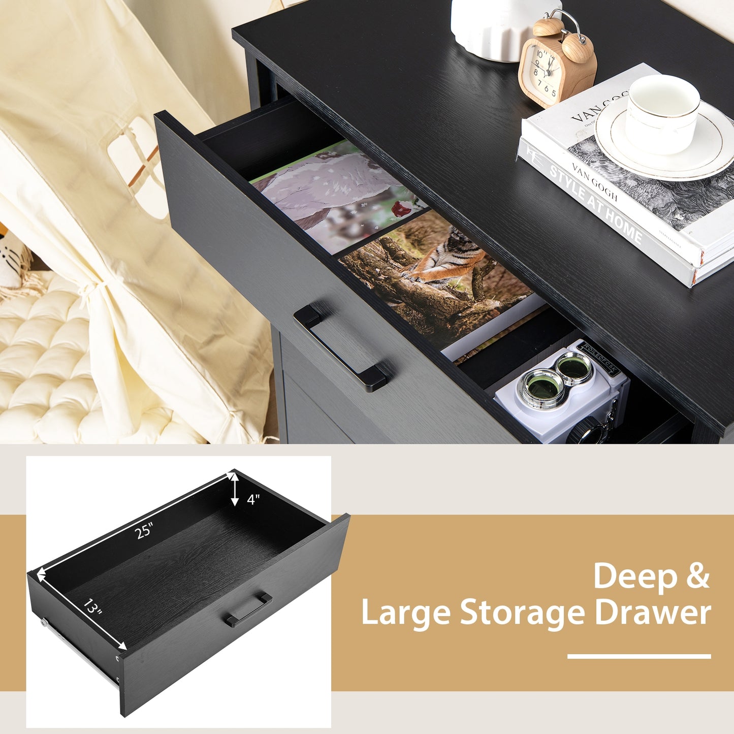 Modern 5 Drawer Dresser with Metal Handles, Storage Chest for Bedroom or Entryway – Black Oak