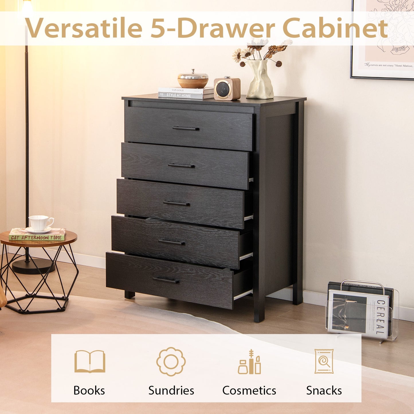 Modern 5 Drawer Dresser with Metal Handles, Storage Chest for Bedroom or Entryway – Black Oak