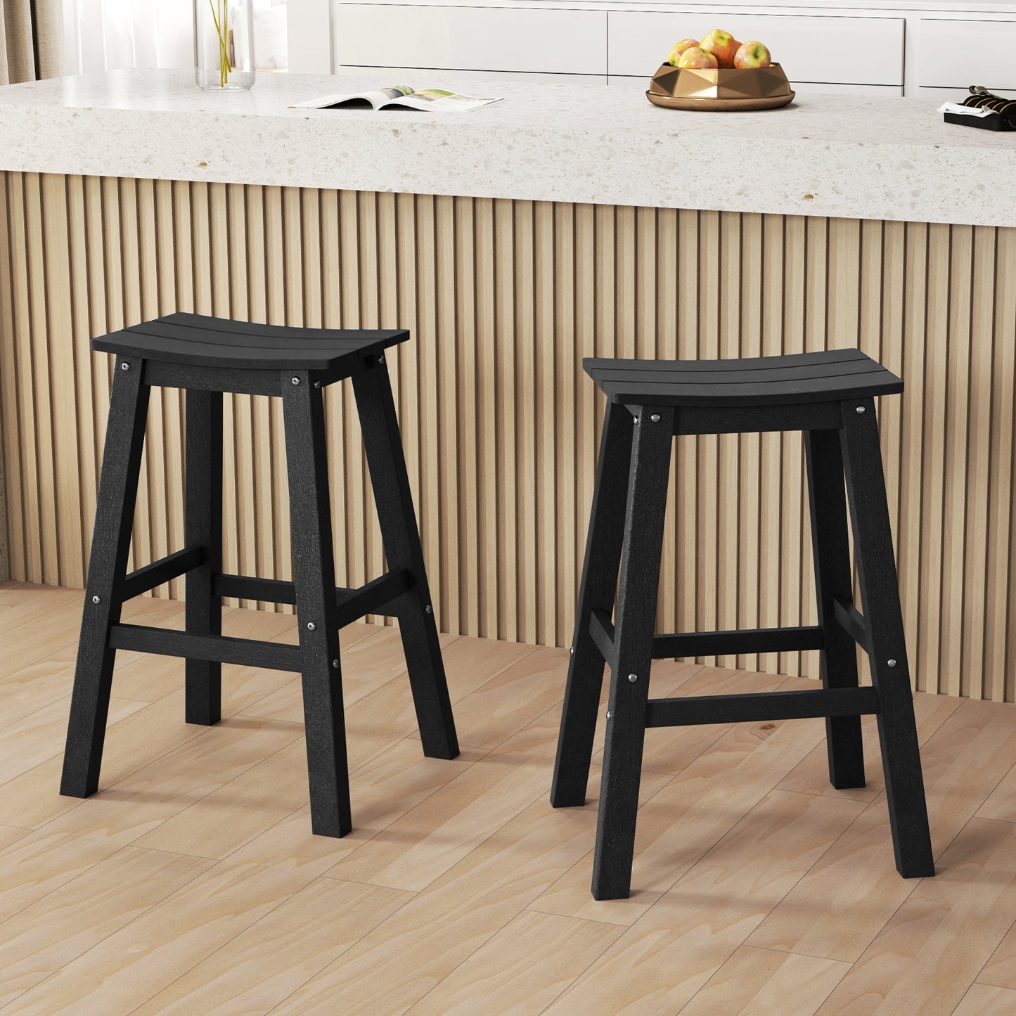 Outdoor Saddle Bar Stools Set of 2, 29 Inch HDPE Armless Patio Seating with Footrest, Black Finish