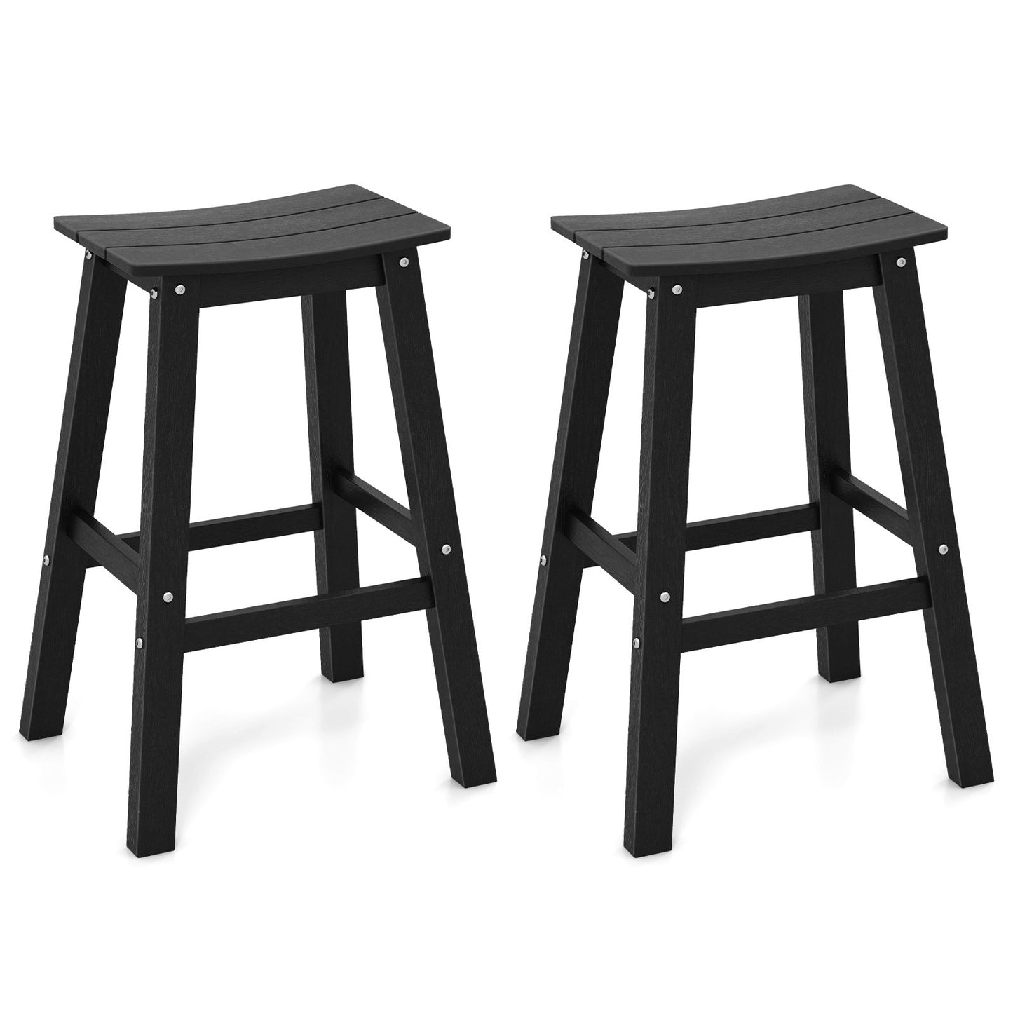 Outdoor Saddle Bar Stools Set of 2, 29 Inch HDPE Armless Patio Seating with Footrest, Black Finish