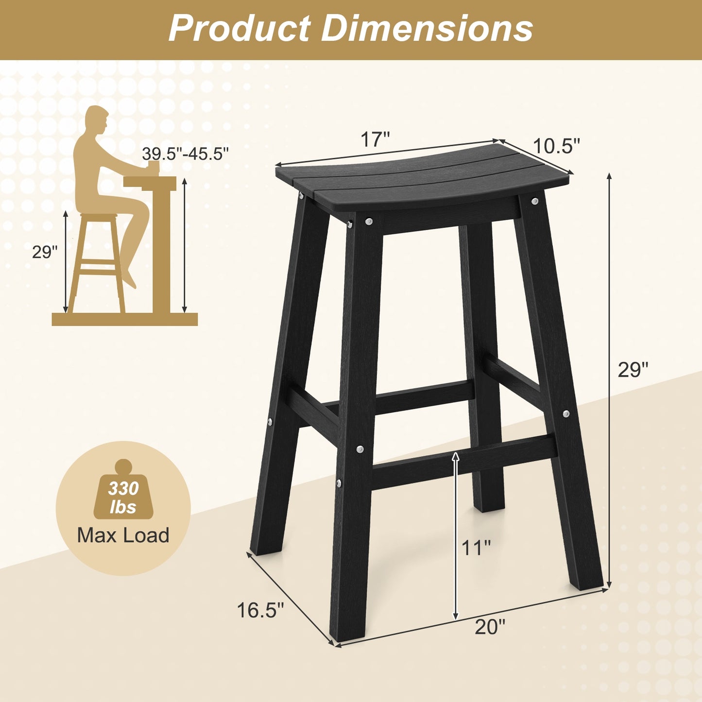 Outdoor Saddle Bar Stools Set of 2, 29 Inch HDPE Armless Patio Seating with Footrest, Black Finish
