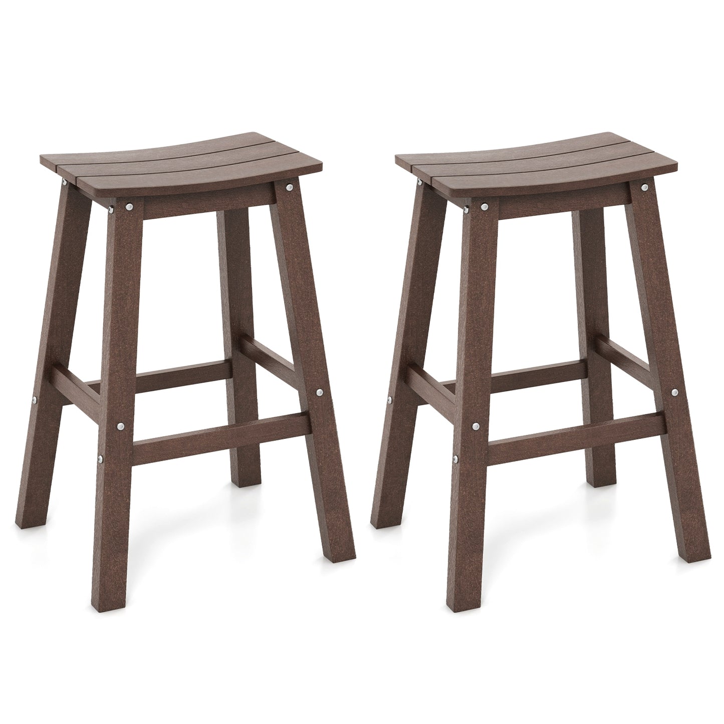 Outdoor Saddle Bar Stools Set of 2, 29 Inch HDPE Armless Patio Seating with Footrest, Brown Finish