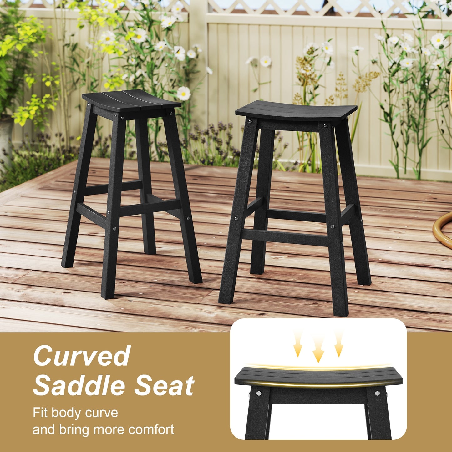 Outdoor Saddle Bar Stools Set of 2, 29 Inch HDPE Armless Patio Seating with Footrest, Black Finish