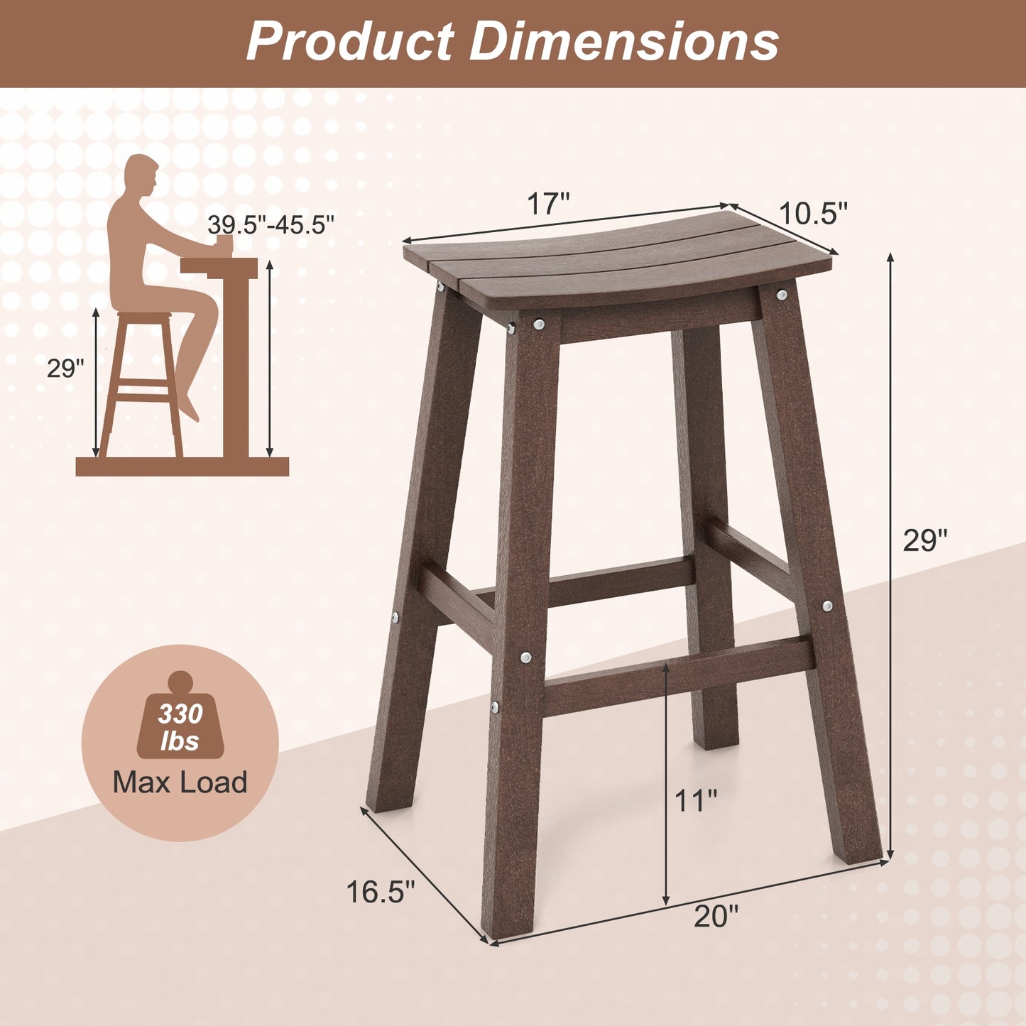 Outdoor Saddle Bar Stools Set of 2, 29 Inch HDPE Armless Patio Seating with Footrest, Brown Finish