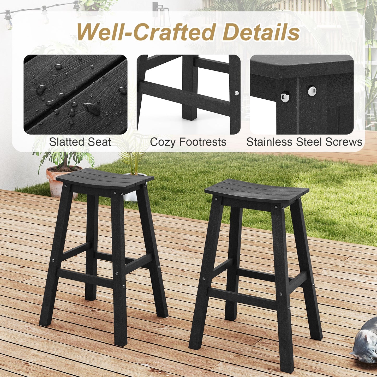 Outdoor Saddle Bar Stools Set of 2, 29 Inch HDPE Armless Patio Seating with Footrest, Black Finish