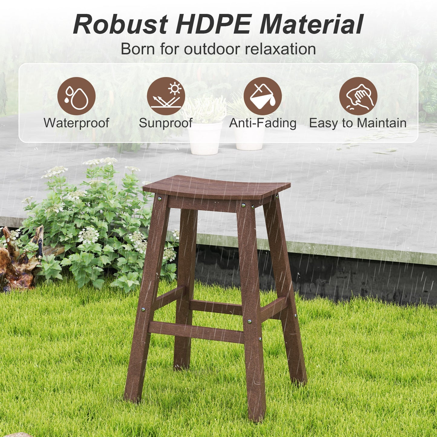 Outdoor Saddle Bar Stools Set of 2, 29 Inch HDPE Armless Patio Seating with Footrest, Brown Finish