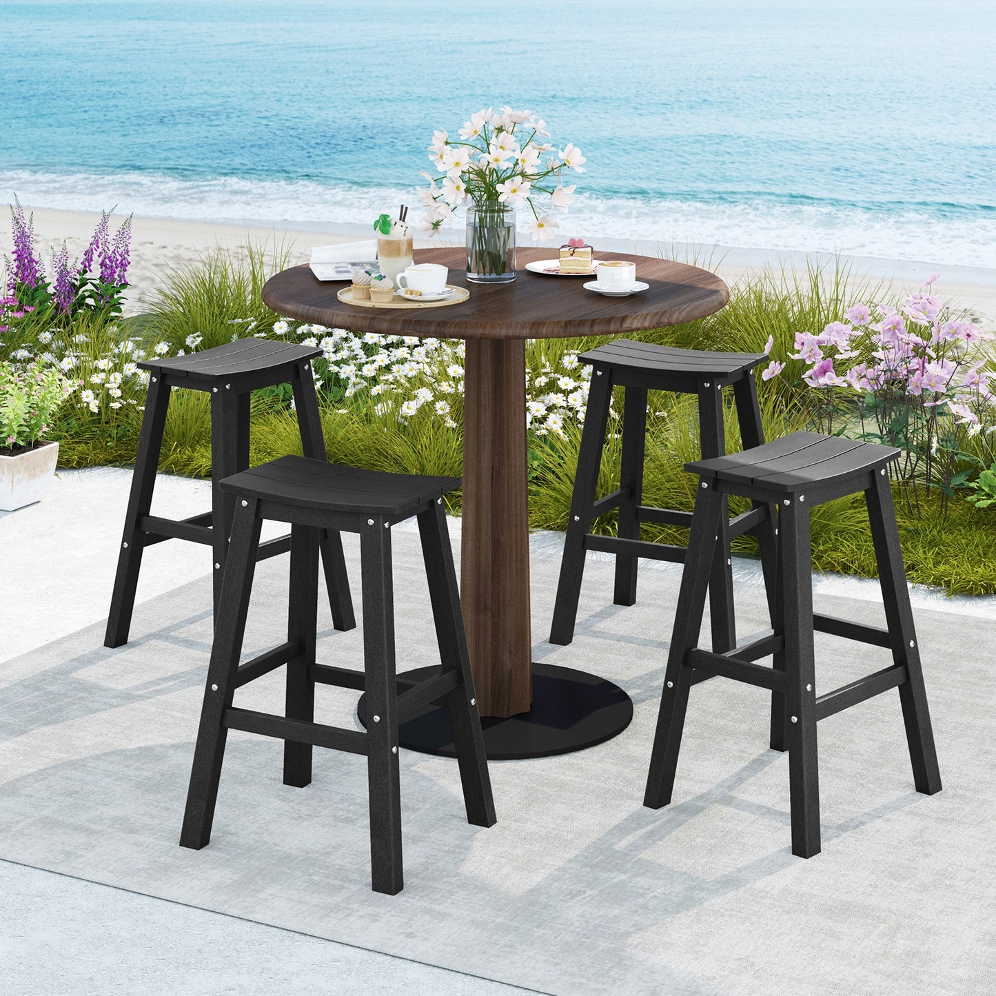 Outdoor Saddle Bar Stools Set of 2, 29 Inch HDPE Armless Patio Seating with Footrest, Black Finish