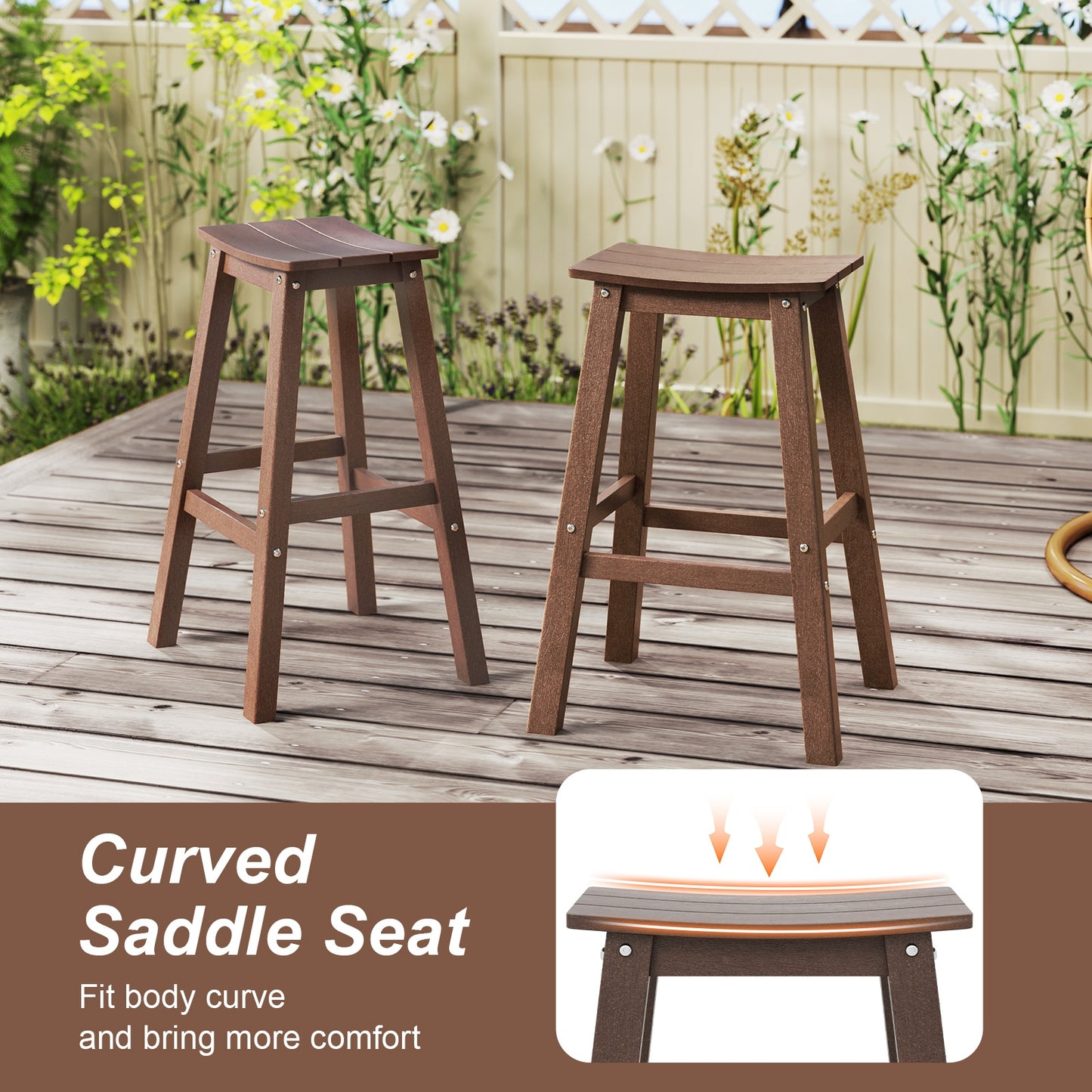 Outdoor Saddle Bar Stools Set of 2, 29 Inch HDPE Armless Patio Seating with Footrest, Brown Finish