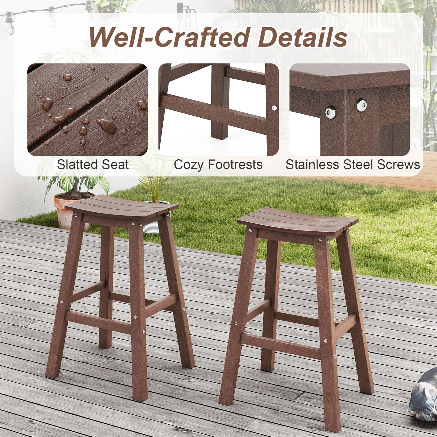 Outdoor Saddle Bar Stools Set of 2, 29 Inch HDPE Armless Patio Seating with Footrest, Brown Finish