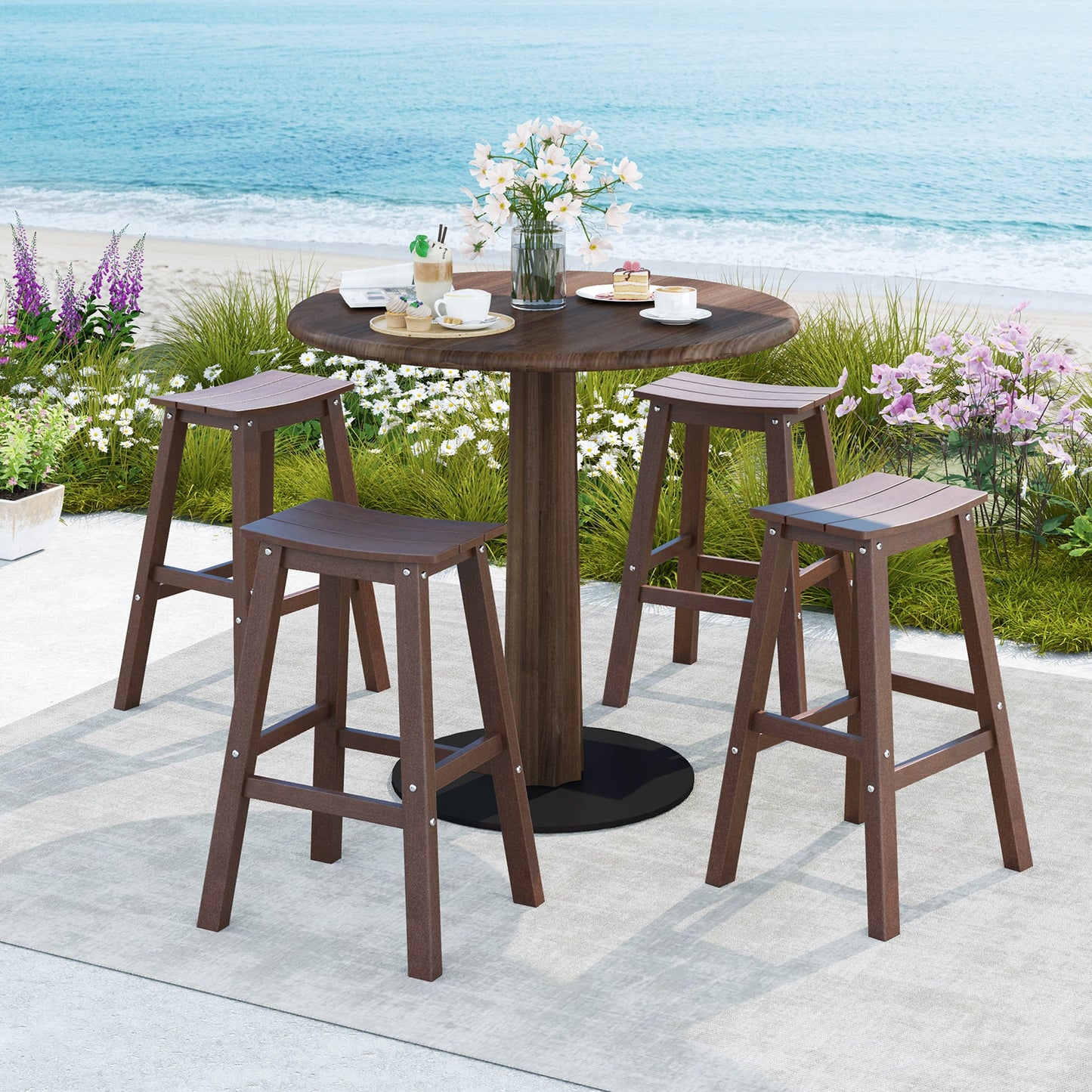 Outdoor Saddle Bar Stools Set of 2, 29 Inch HDPE Armless Patio Seating with Footrest, Brown Finish