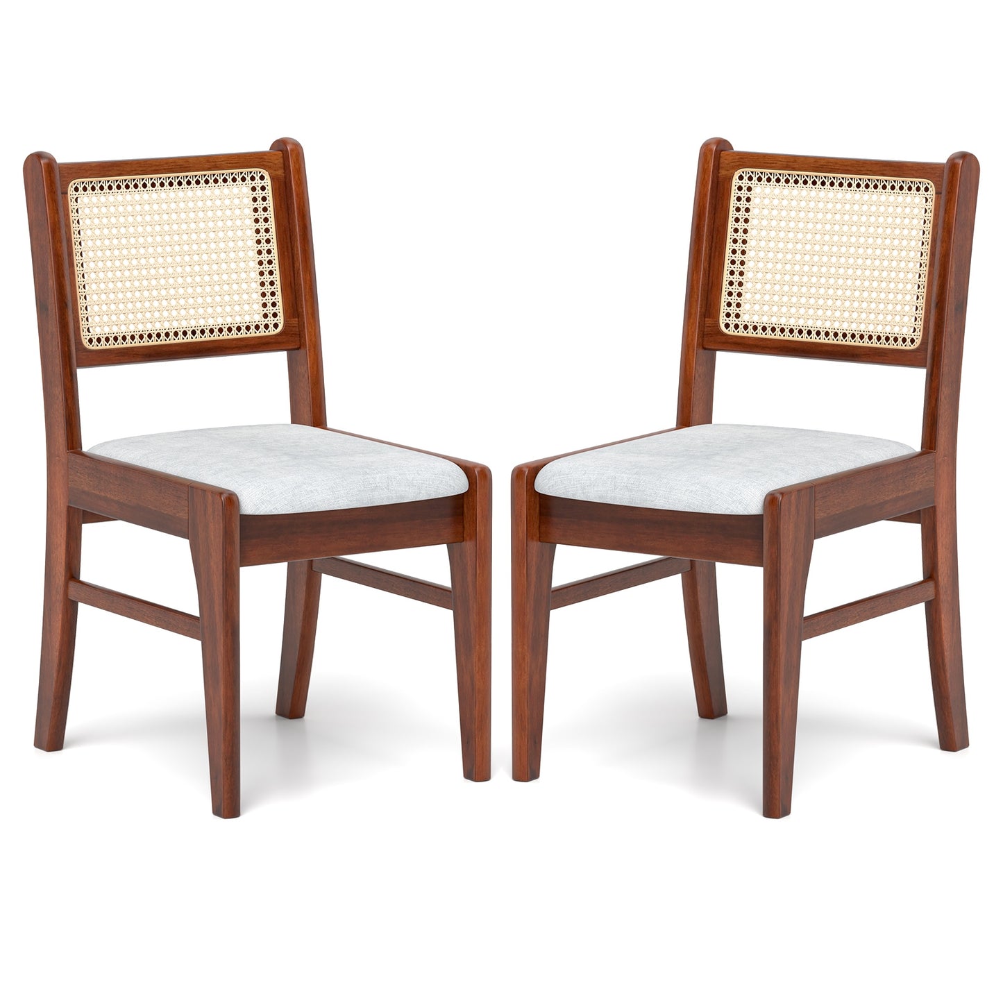 Cane Back Dining Chairs with Padded Seat and Solid Rubber Wood Frame Set of 2