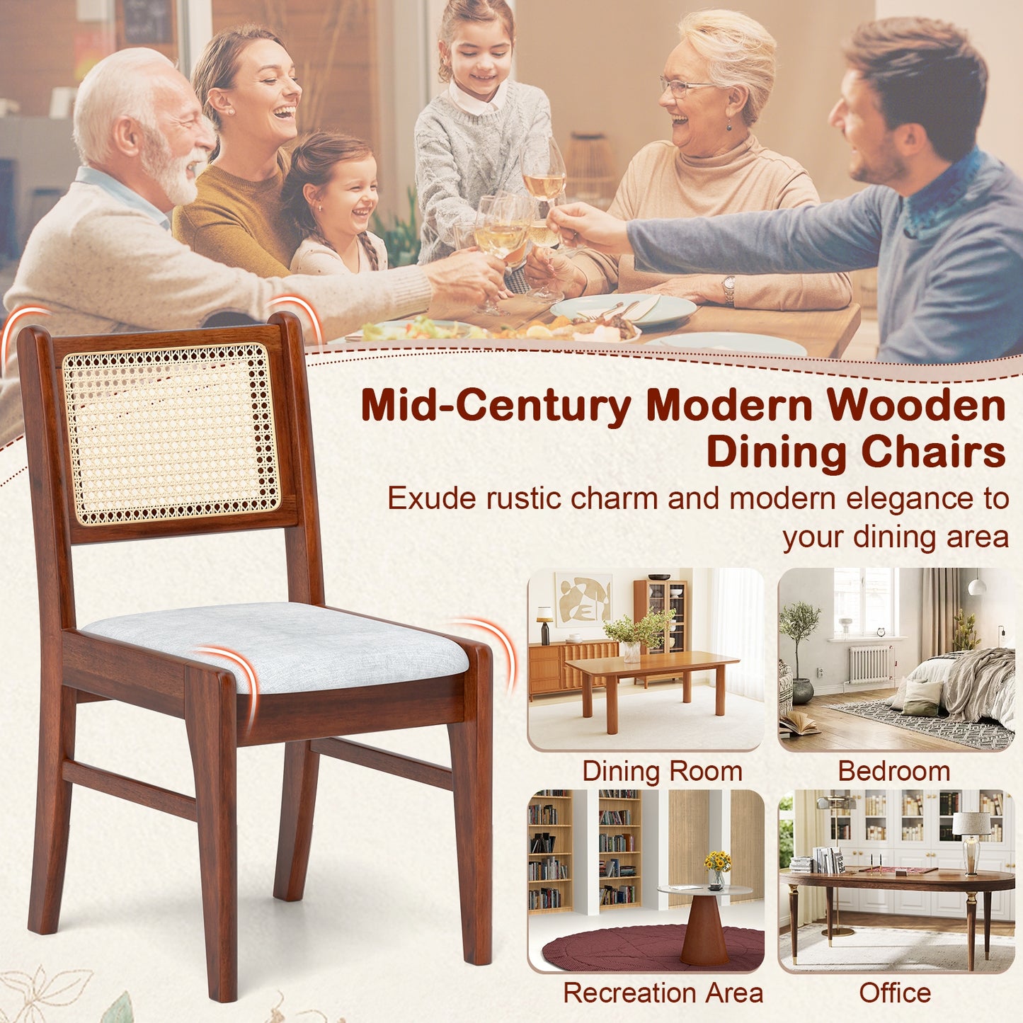 Cane Back Dining Chairs with Padded Seat and Solid Rubber Wood Frame Set of 2
