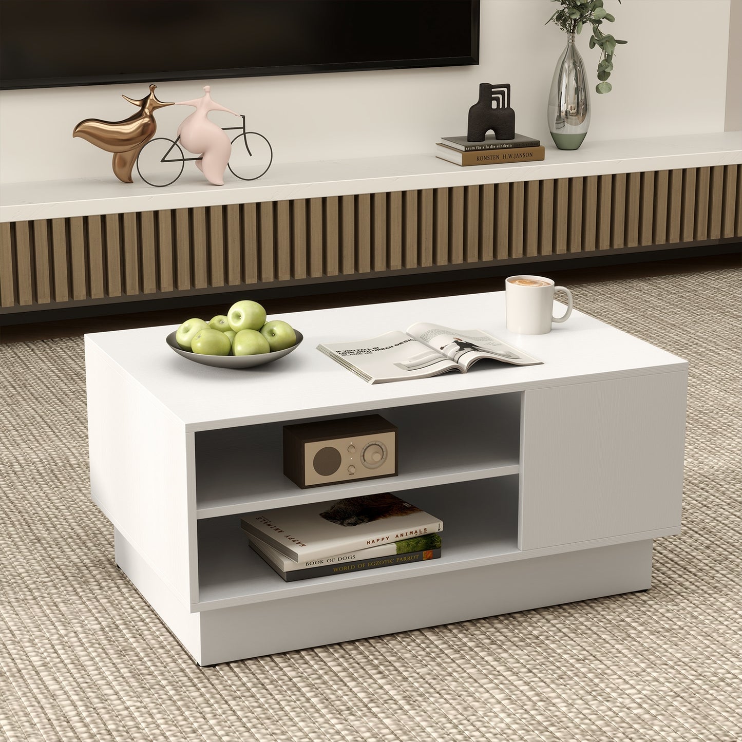 Contemporary Coffee Table with Dual Open Shelves and Recessed Base