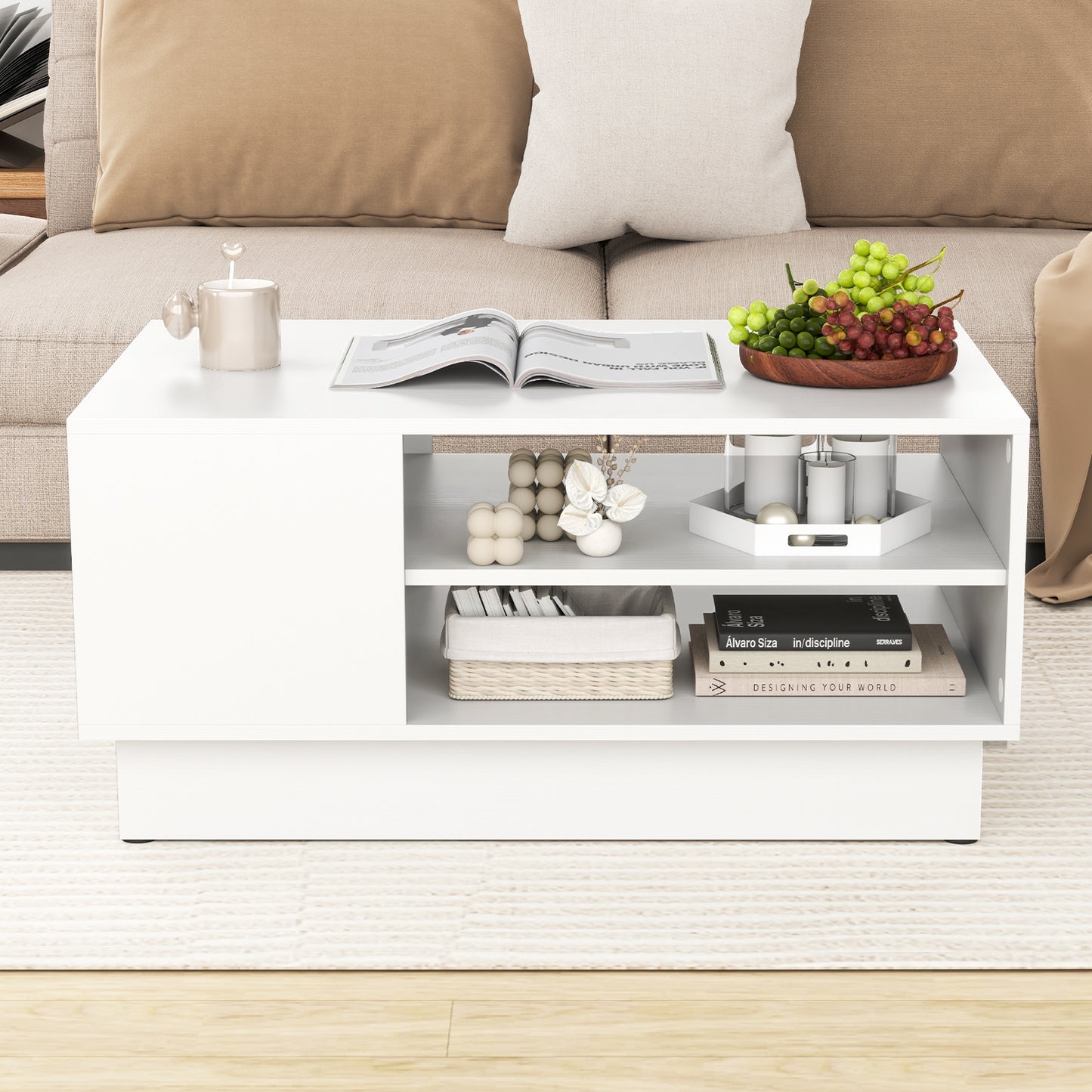 Contemporary Coffee Table with Dual Open Shelves and Recessed Base