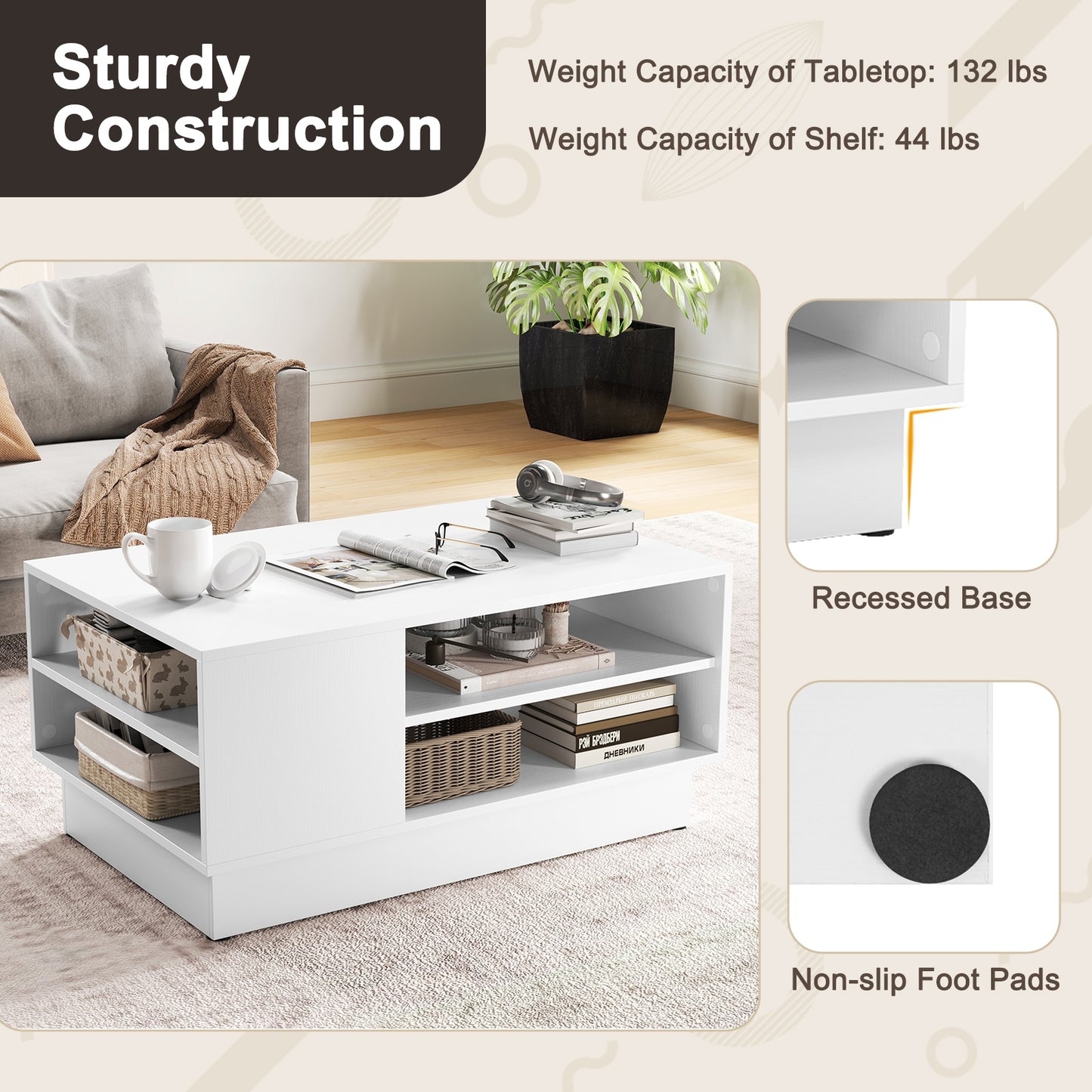 Contemporary Coffee Table with Dual Open Shelves and Recessed Base