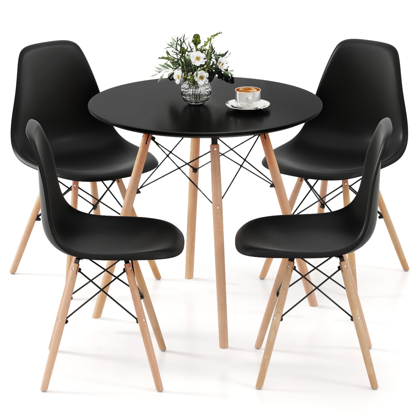 5 Piece Dining Set with Solid Wood Legs in Black for Modern Kitchens
