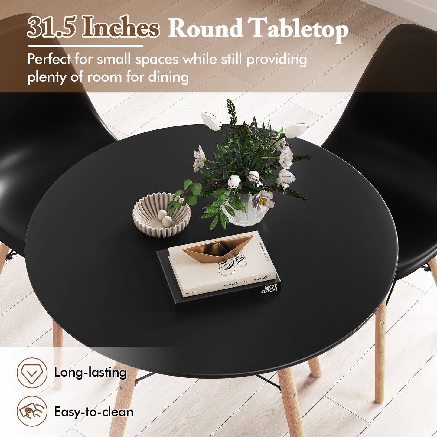 5 Piece Dining Set with Solid Wood Legs in Black for Modern Kitchens