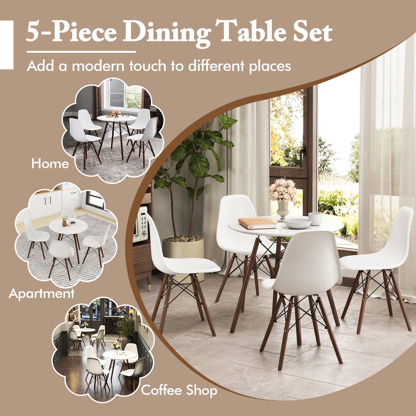 5 Piece Dining Set with Solid Wood Legs in Beige for Modern Kitchens