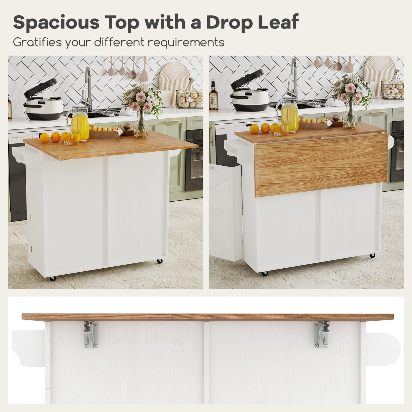 Kitchen Island Cart with Drop Leaf Trash Cabinet Storage and Locking Wheels - White