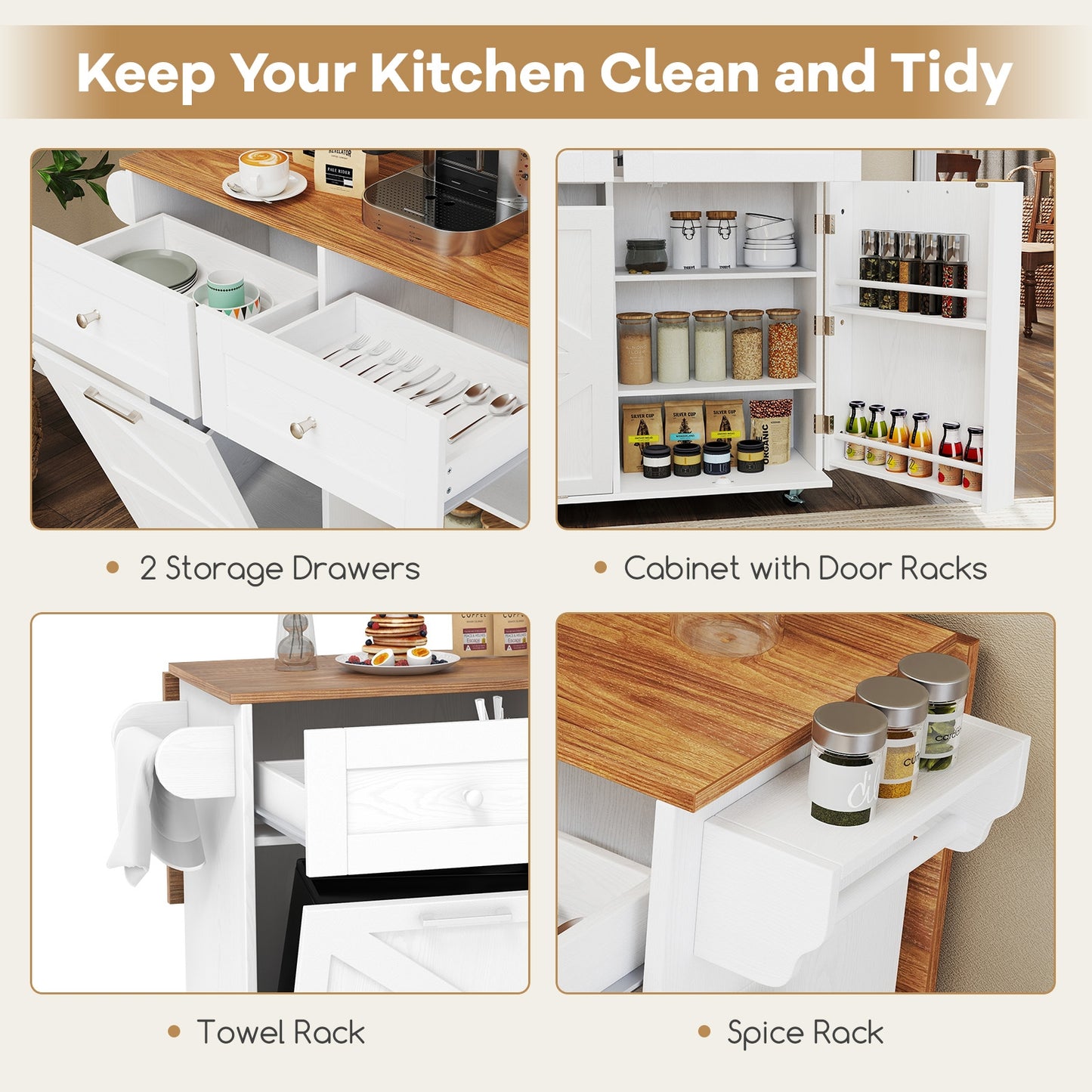 Kitchen Island Cart with Drop Leaf Trash Cabinet Storage and Locking Wheels - White