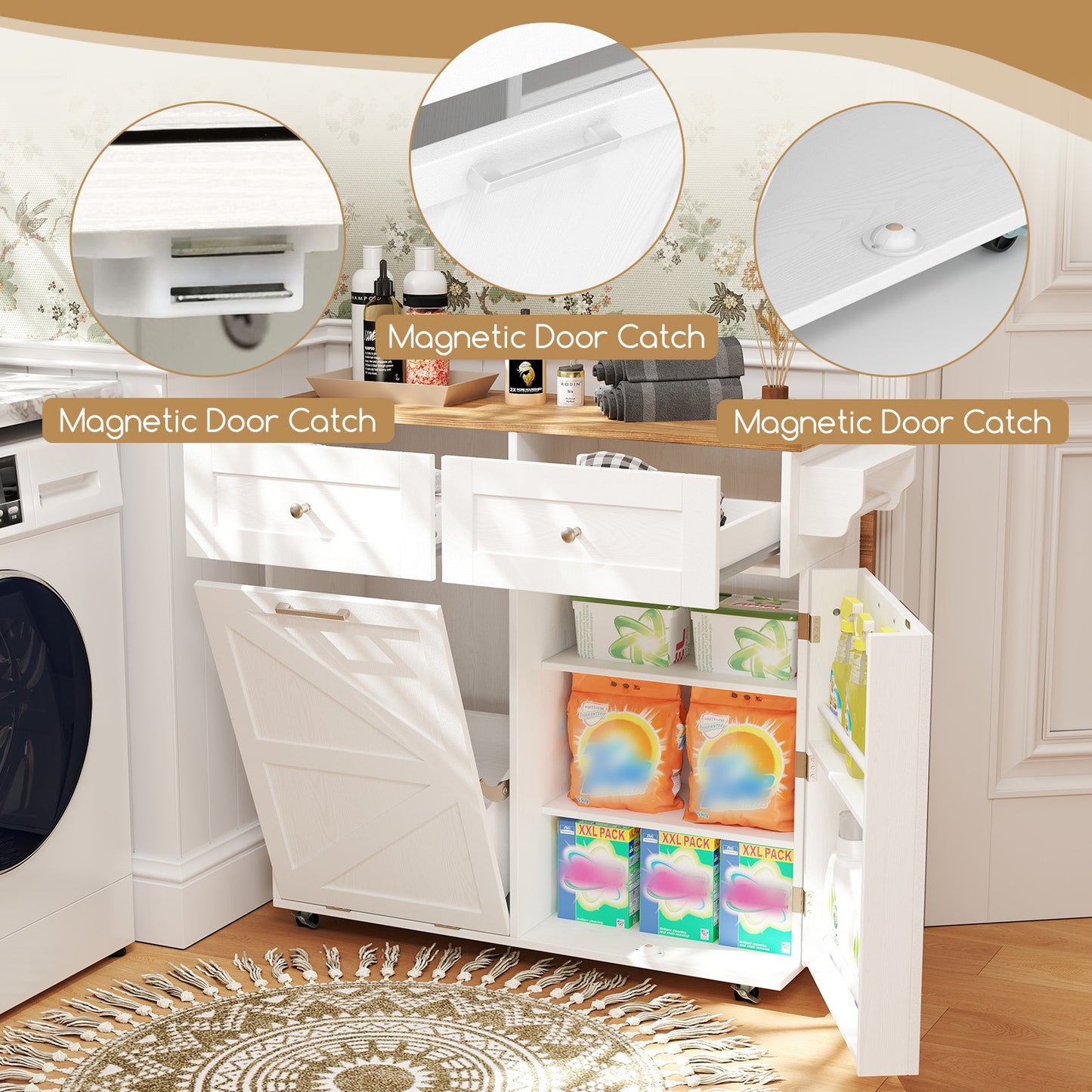 Kitchen Island Cart with Drop Leaf Trash Cabinet Storage and Locking Wheels - White