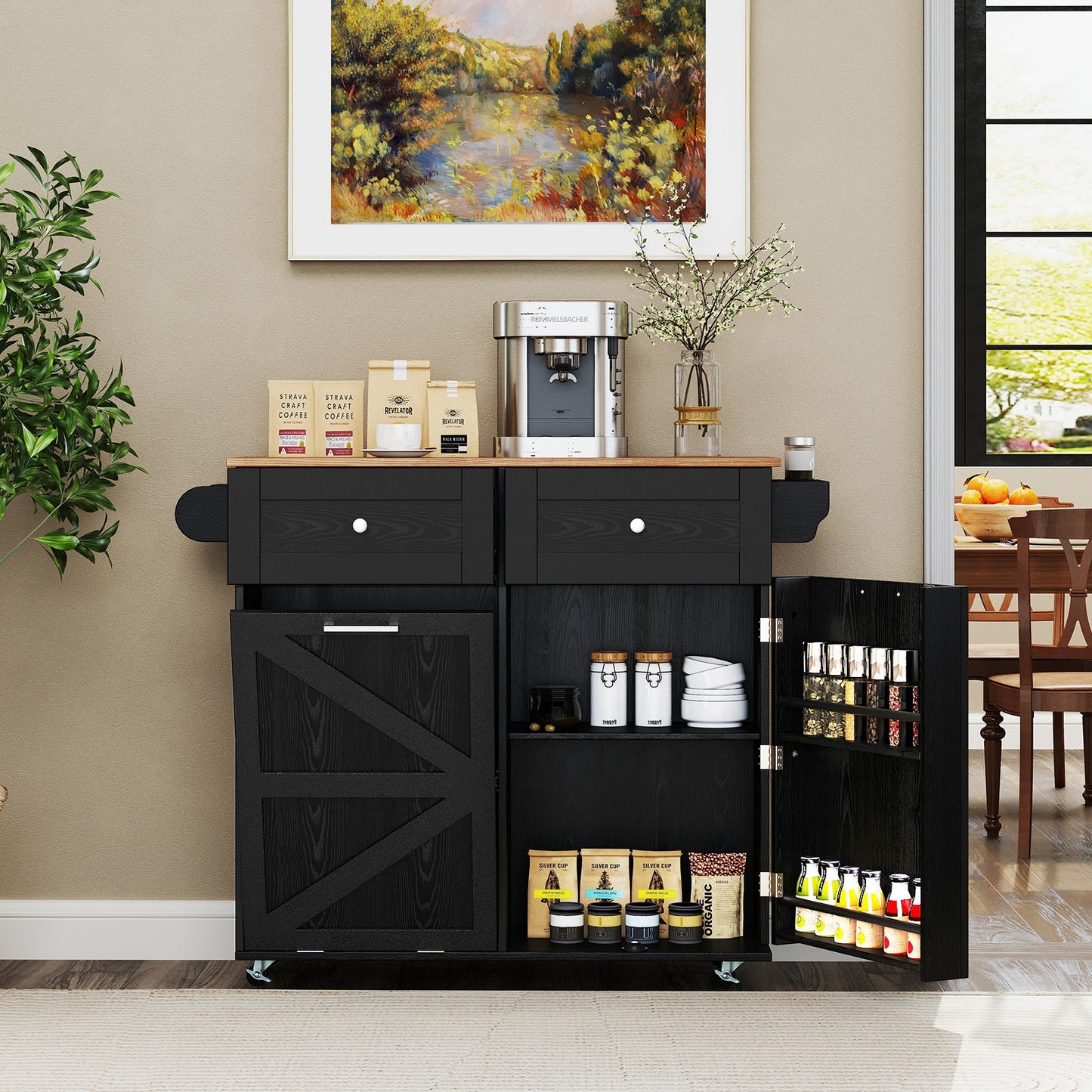 Kitchen Island Cart with Drop Leaf Trash Cabinet Storage and Locking Wheels - Black