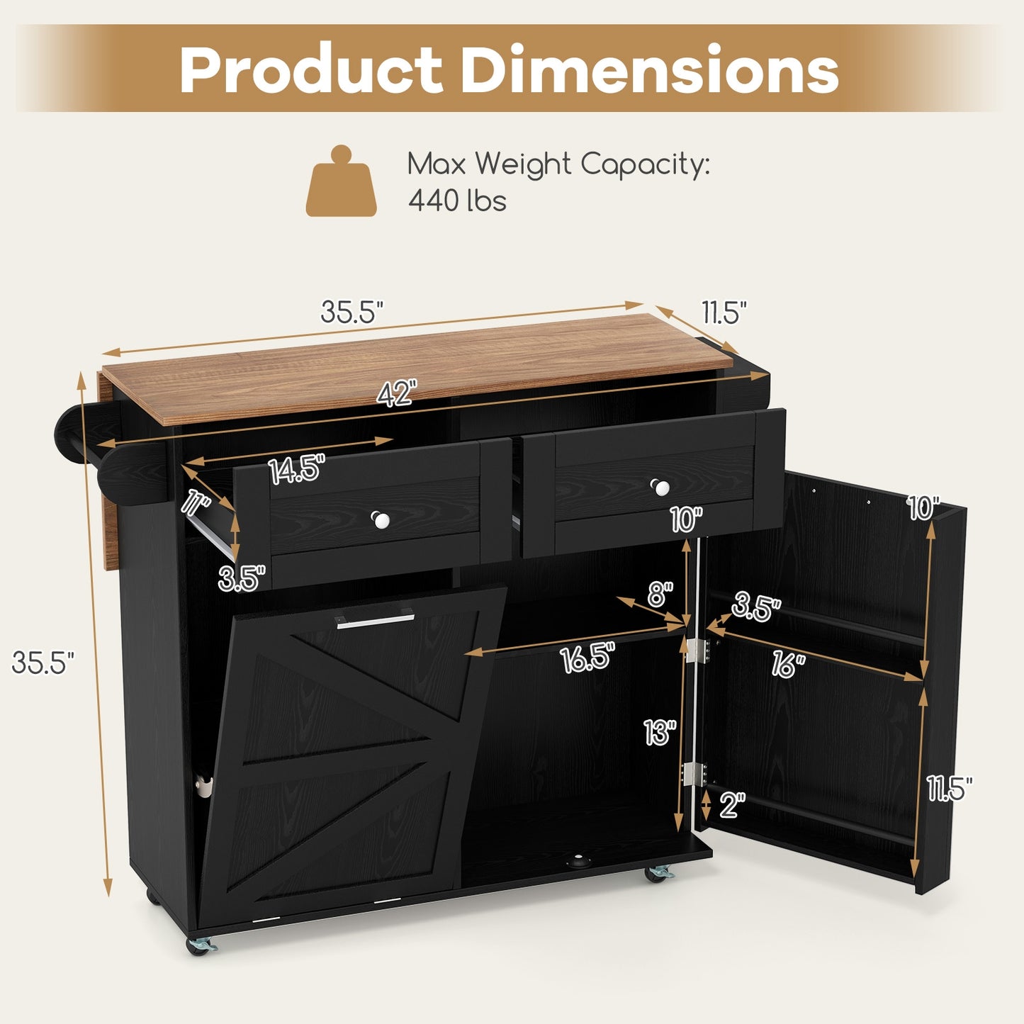 Kitchen Island Cart with Drop Leaf Trash Cabinet Storage and Locking Wheels - Black