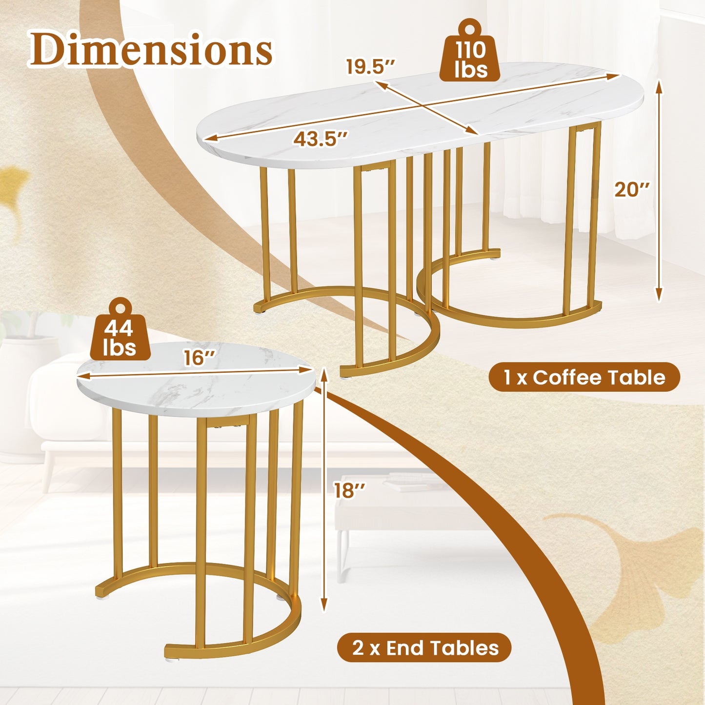 3 Piece Nesting Coffee Table Set with Faux Marble Top and Gold Metal Frame
