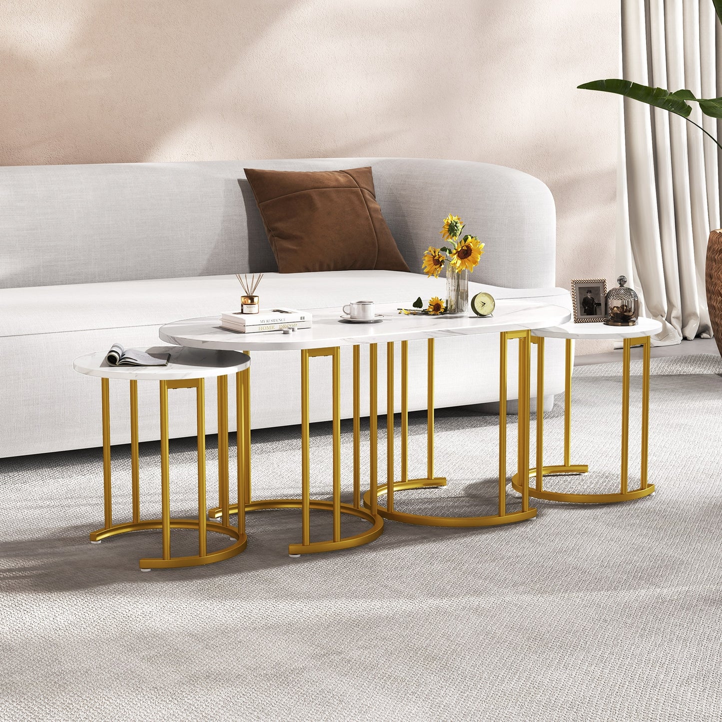 3 Piece Nesting Coffee Table Set with Faux Marble Top and Gold Metal Frame
