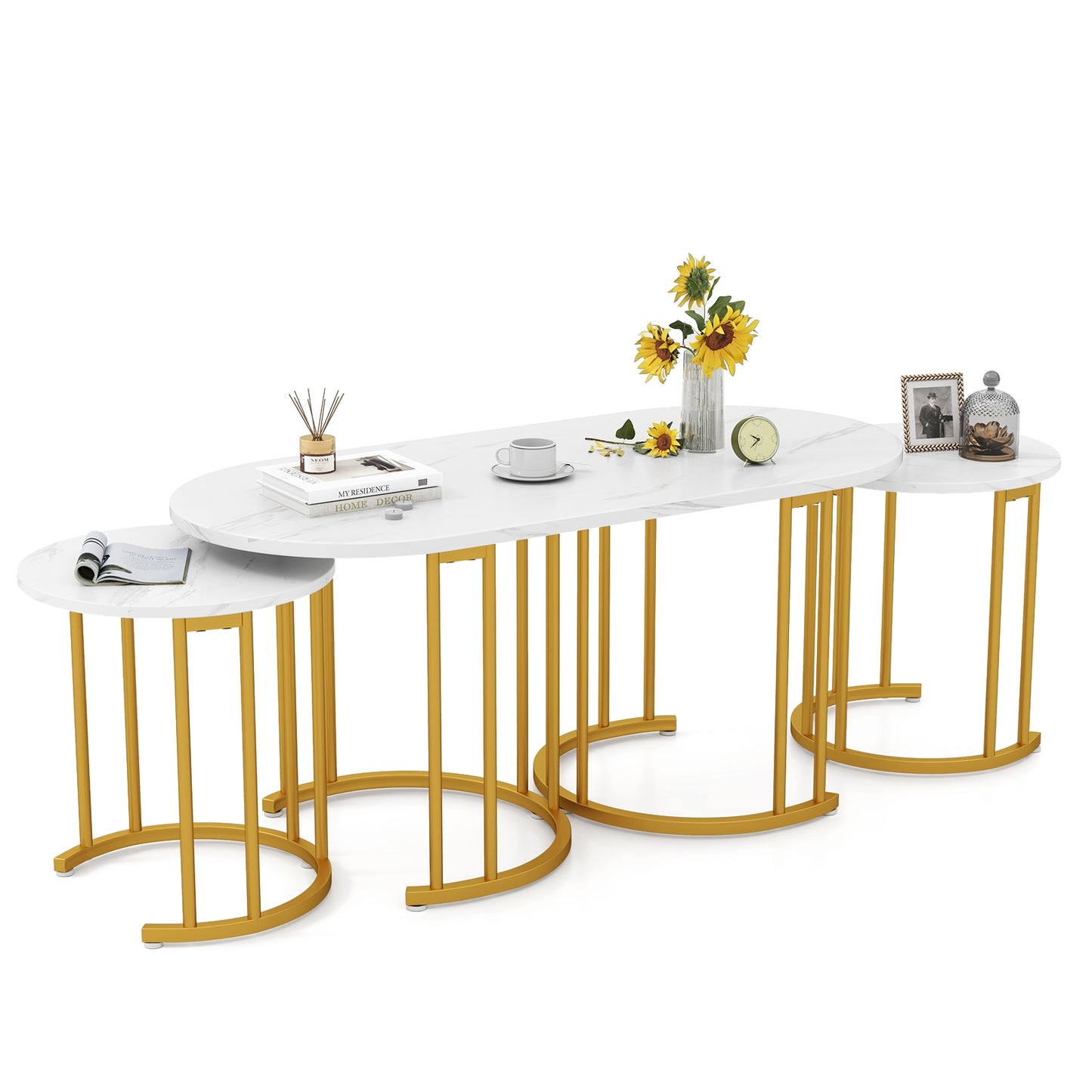 3 Piece Nesting Coffee Table Set with Faux Marble Top and Gold Metal Frame