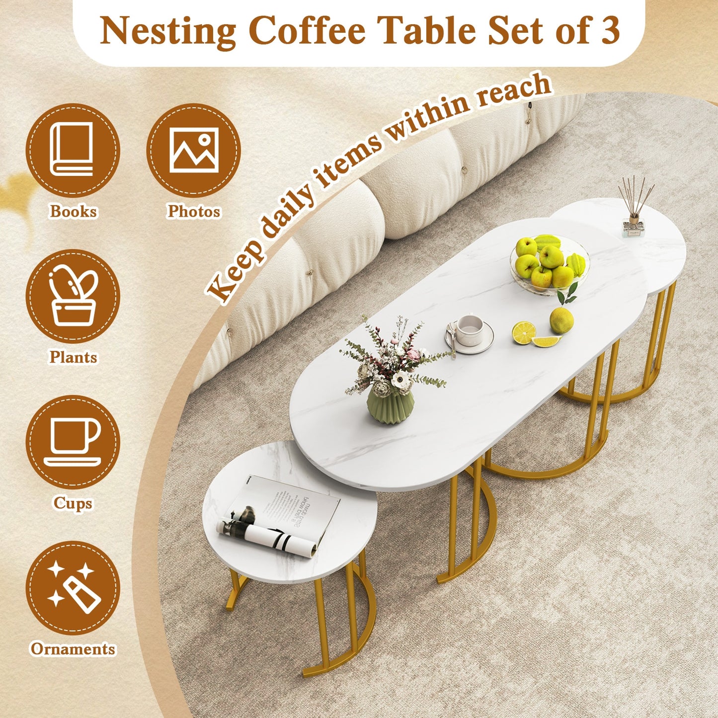 3 Piece Nesting Coffee Table Set with Faux Marble Top and Gold Metal Frame