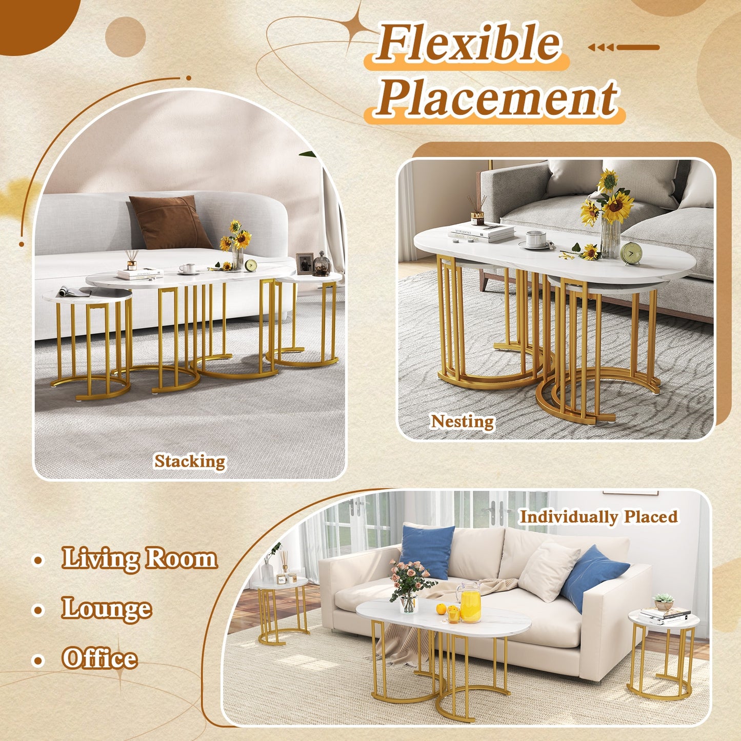 3 Piece Nesting Coffee Table Set with Faux Marble Top and Gold Metal Frame